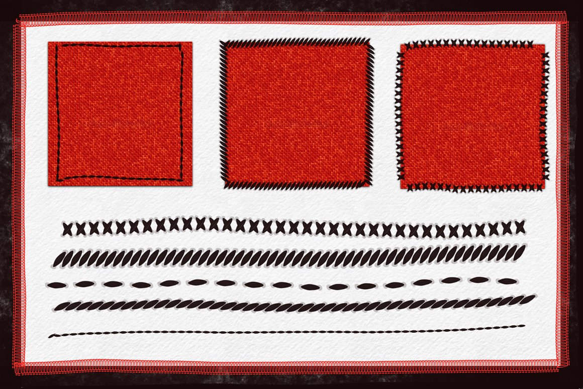 A set of 3 different red sewing stitches and 5 different black brushes on a white background.