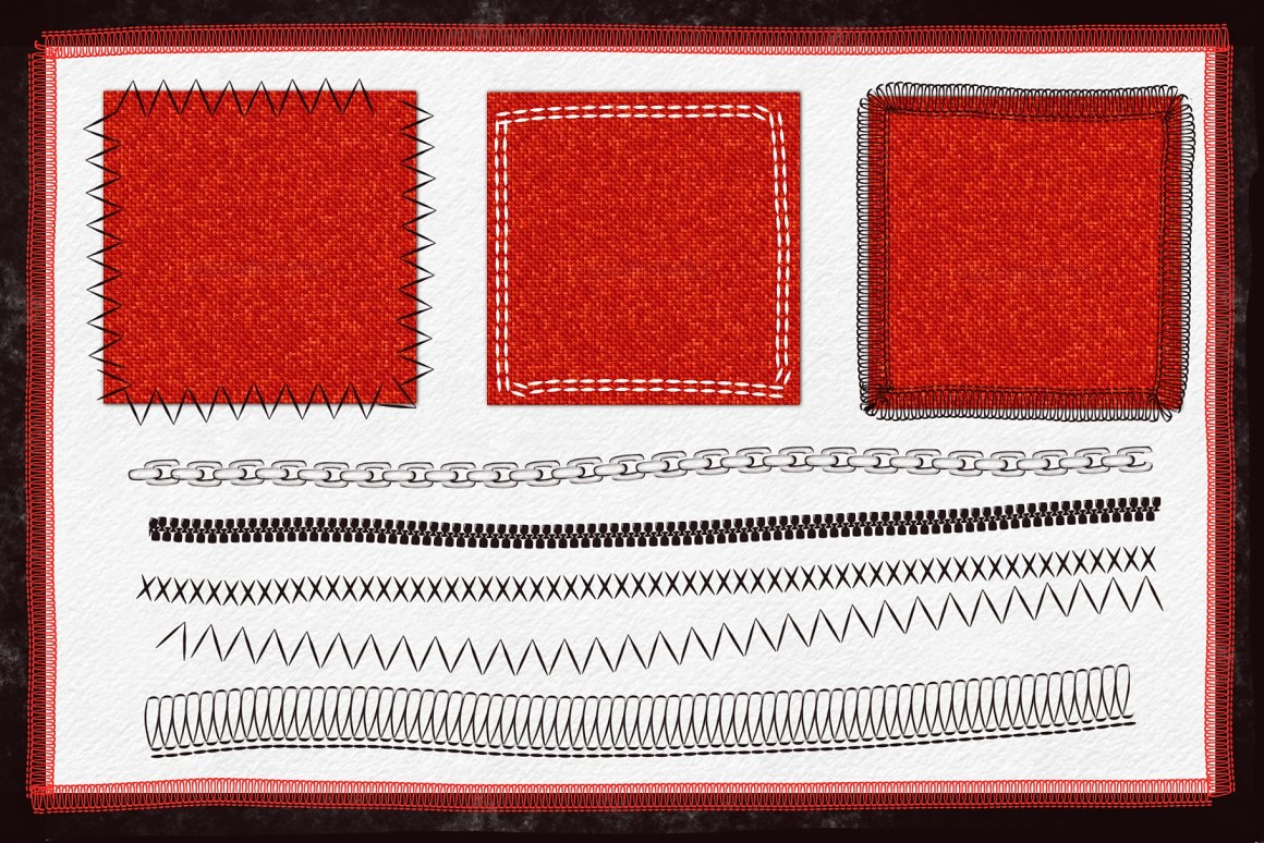 A set of 3 different red sewing stitches and 5 different black brushes on a white background.