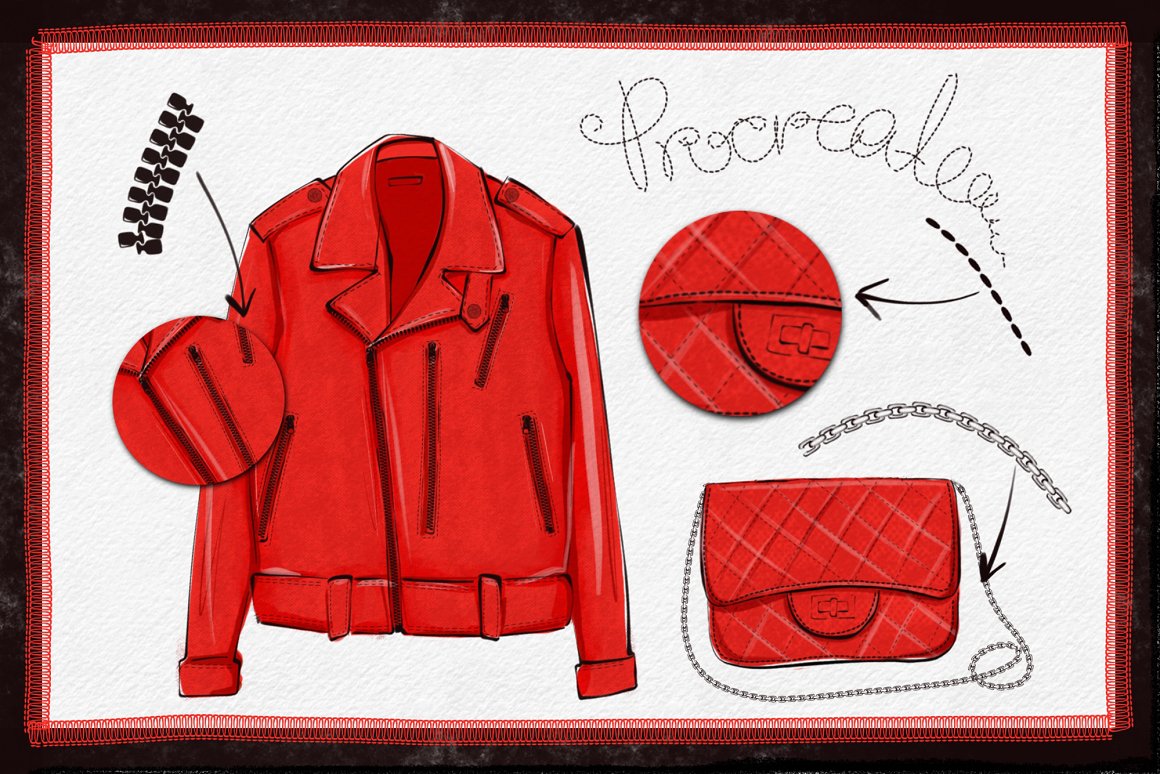 A set of a red Leather Jacket and a red bag on a white background.