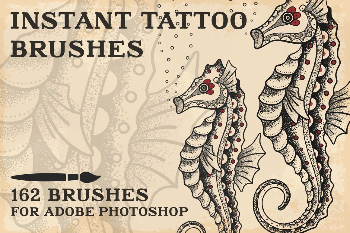 Black lettering "Instant Tattoo Brushes" and 2 Sea Horses on a vintage background.