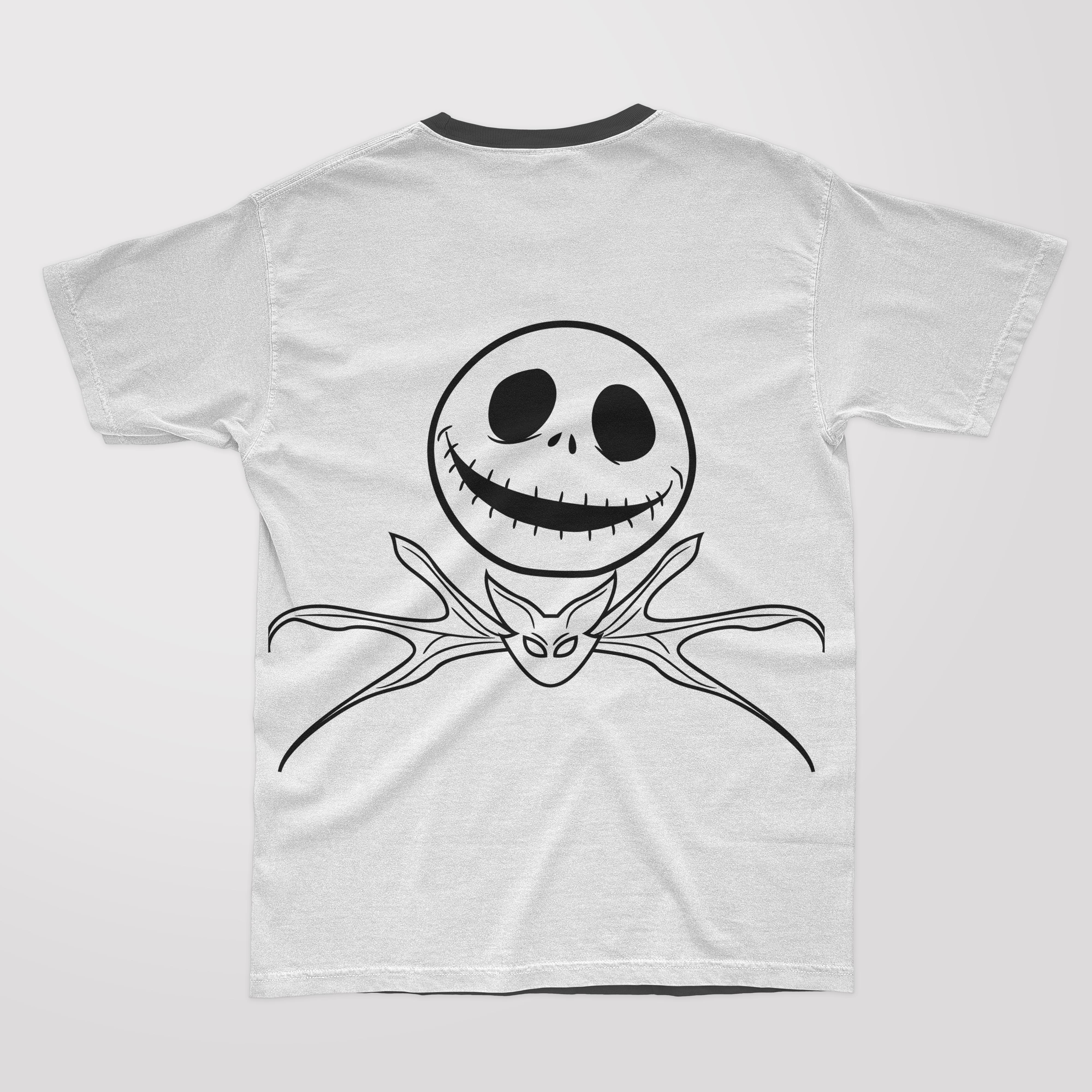Illustrations of a bat and skellington on the white t-shirt.