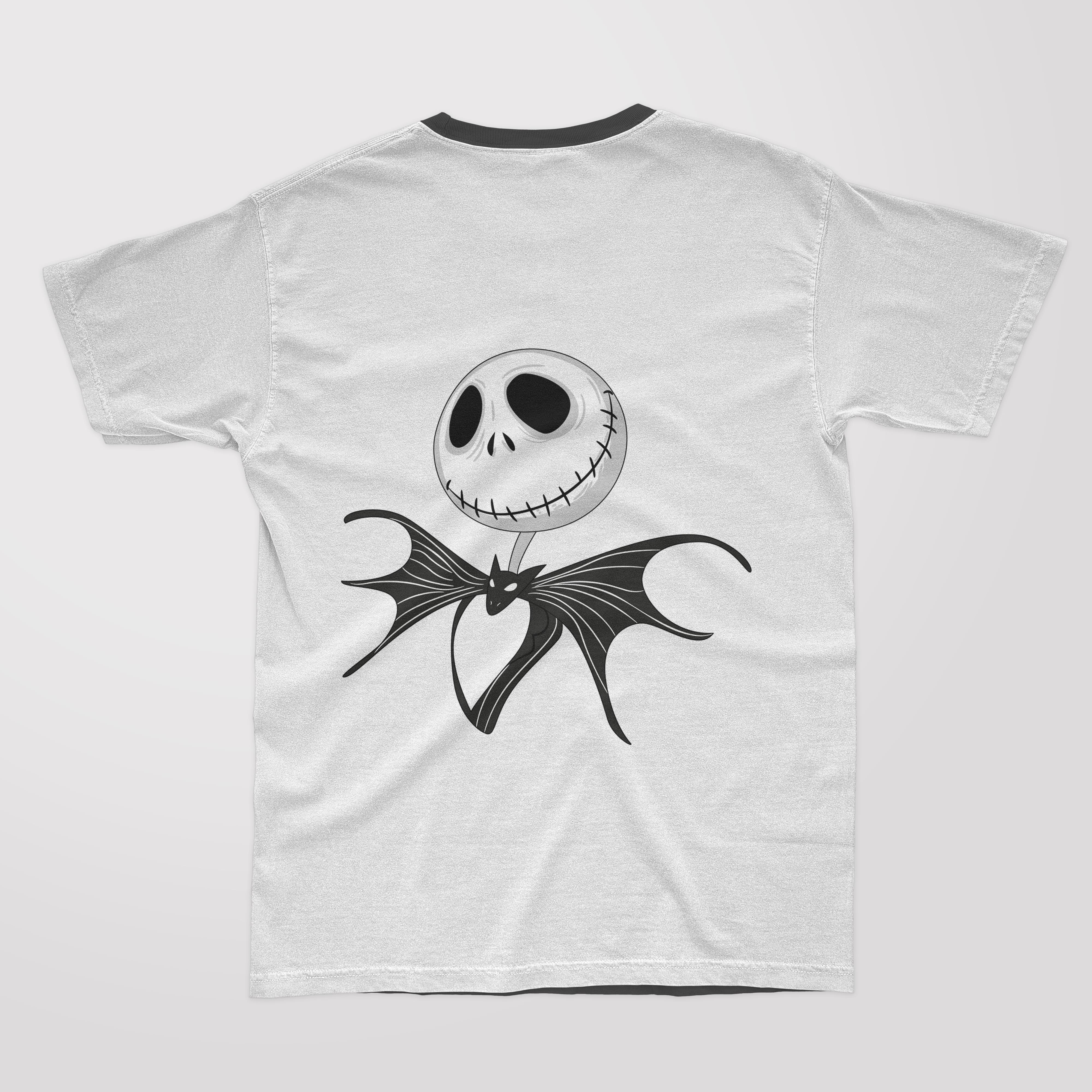 White t-shirt with jack skellington bow tie and black collar.