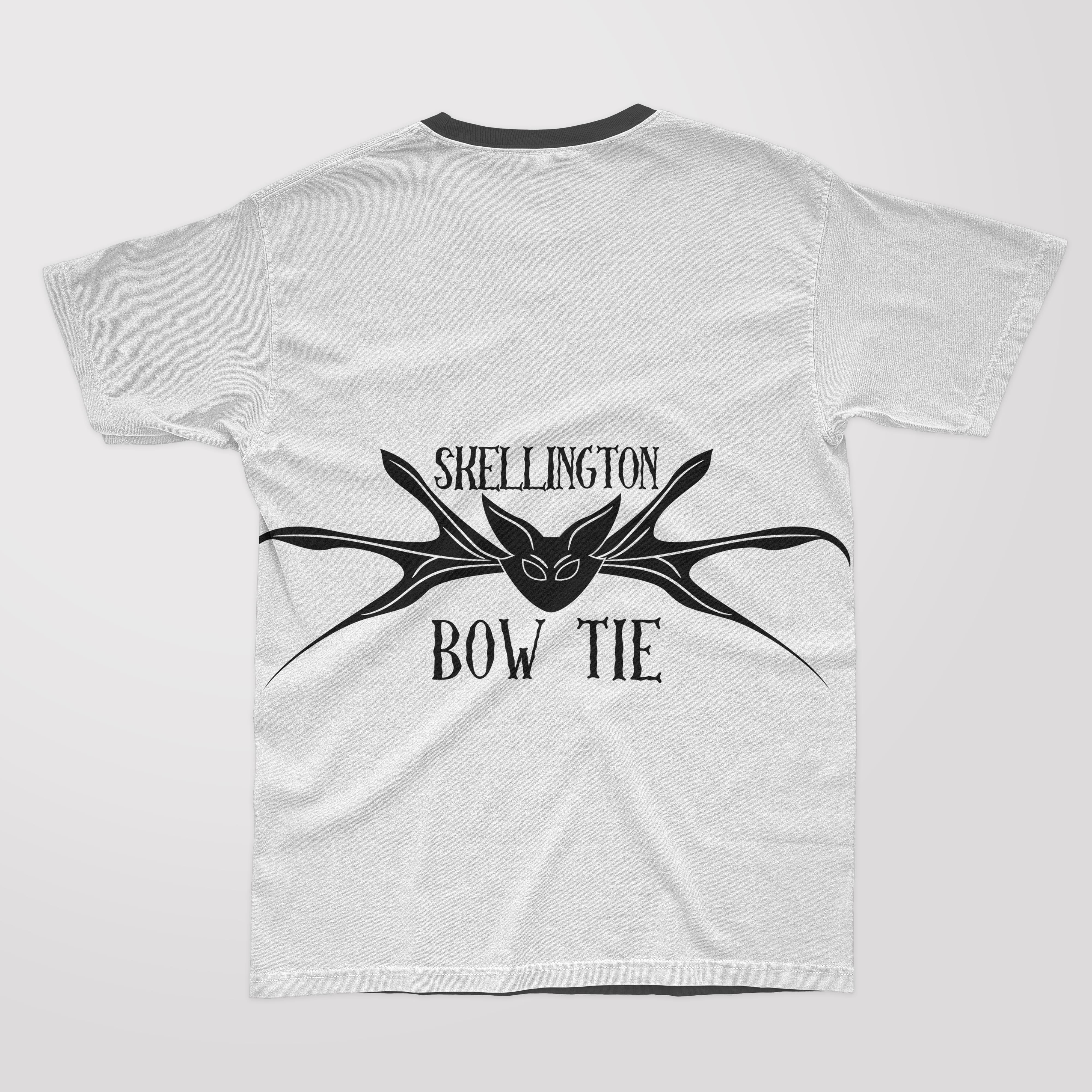 Black collar on the white t-shirt with black lettering "Skelling Bow Tie" and jack skellington bow tie design.