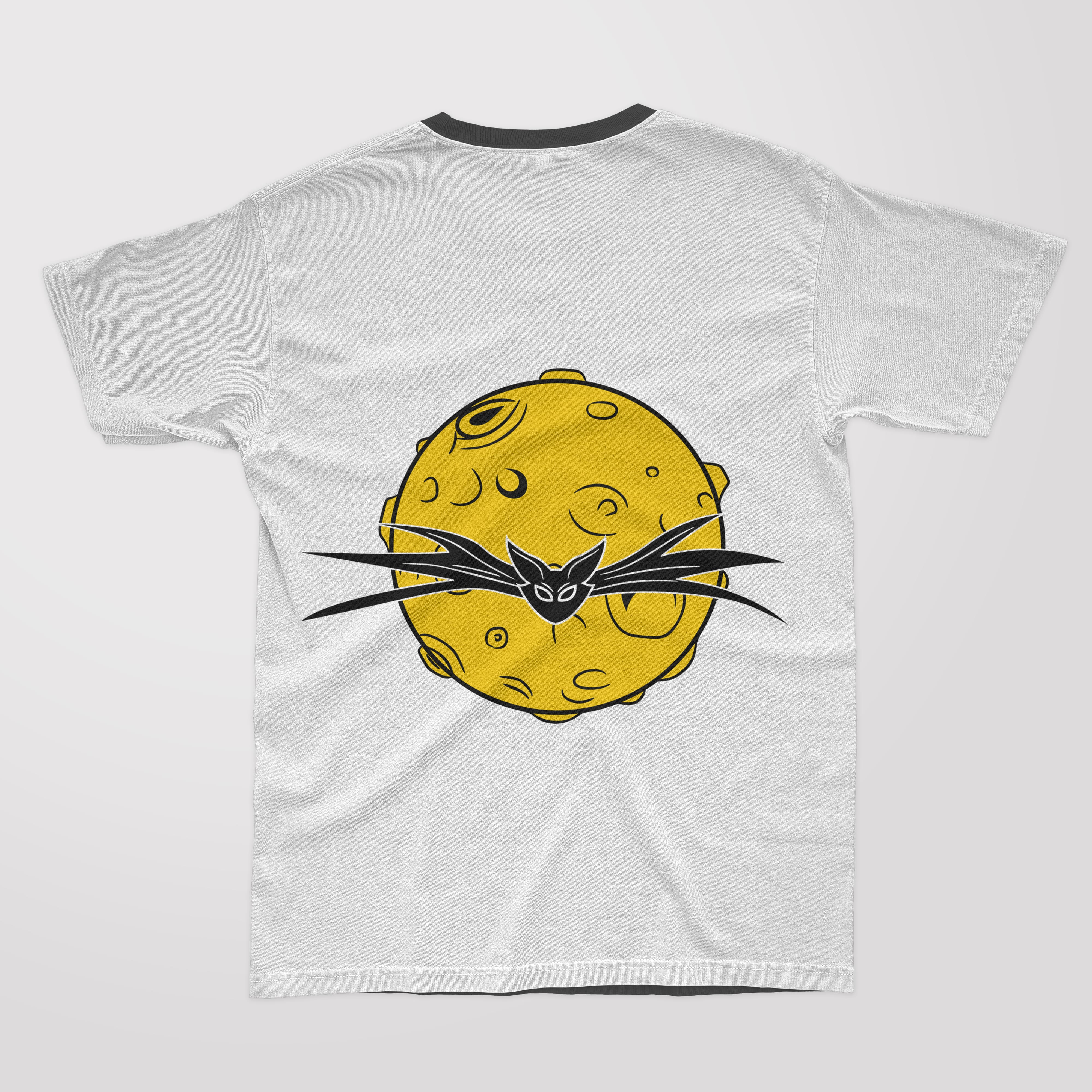 Moon and bat on the white t-shirt with black collar on a gray background.