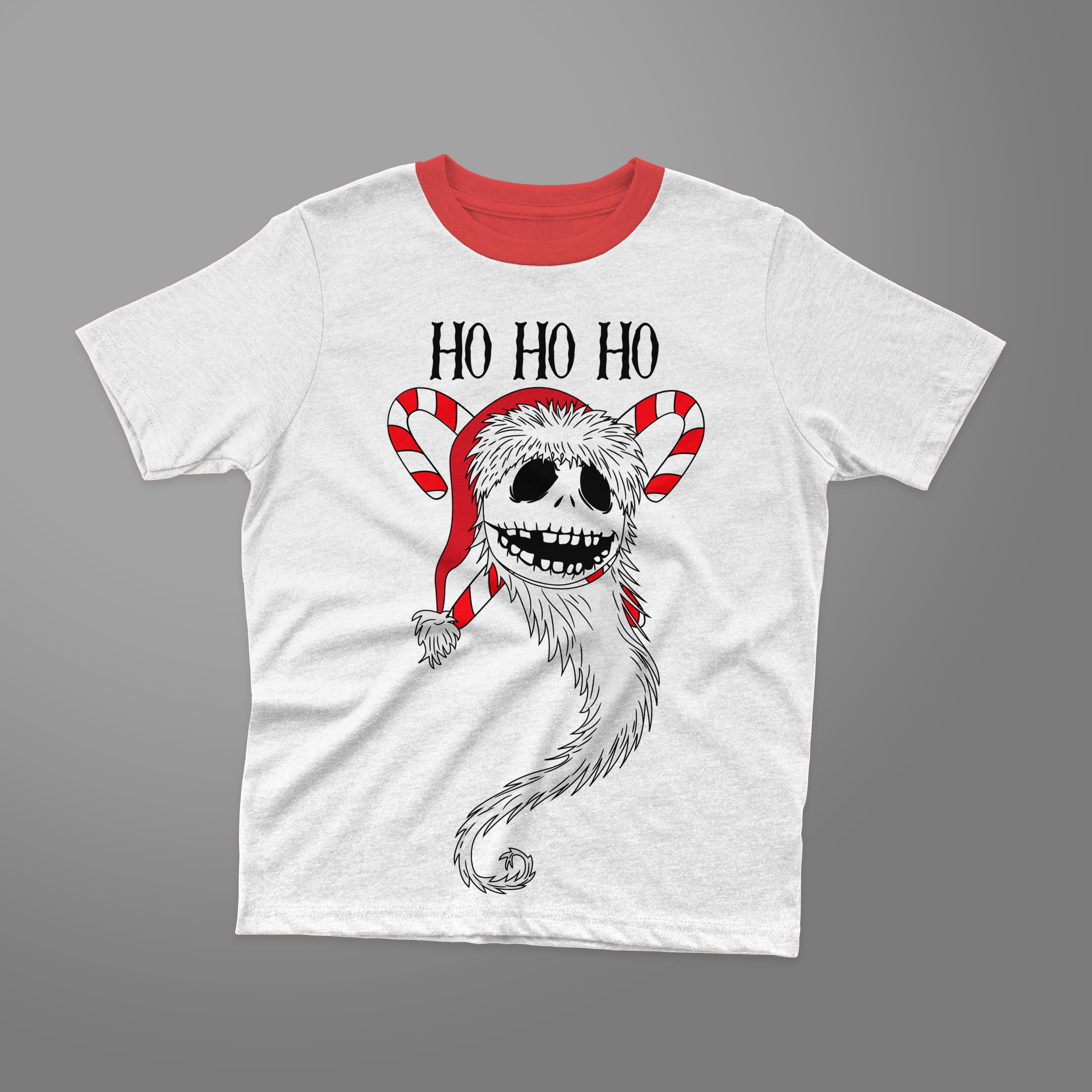 White t-shirt with red collar with black lettering "HO HO HO" and illustration of skellington christmas.