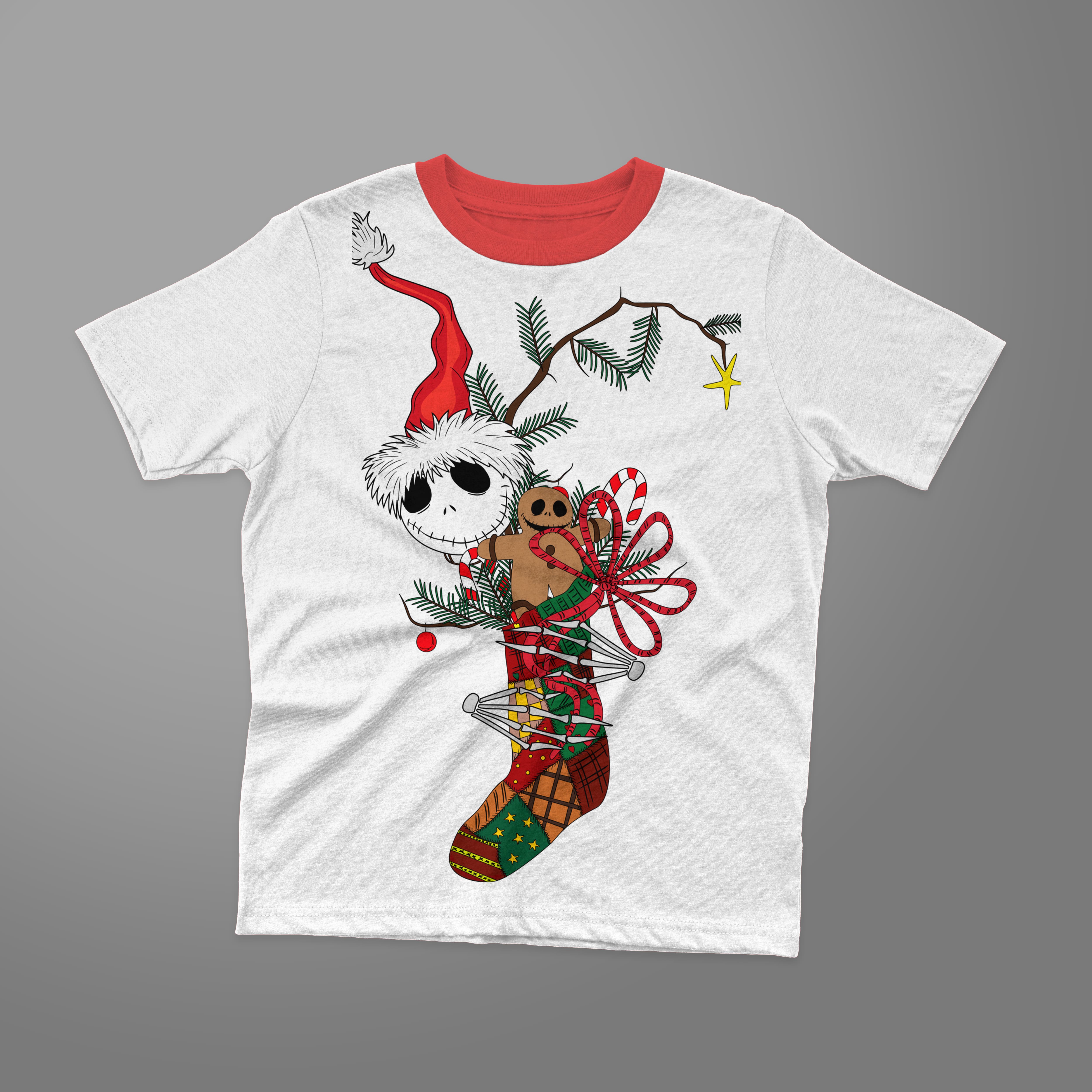 Christmas skellington illustration on white t-shirt with red collar.