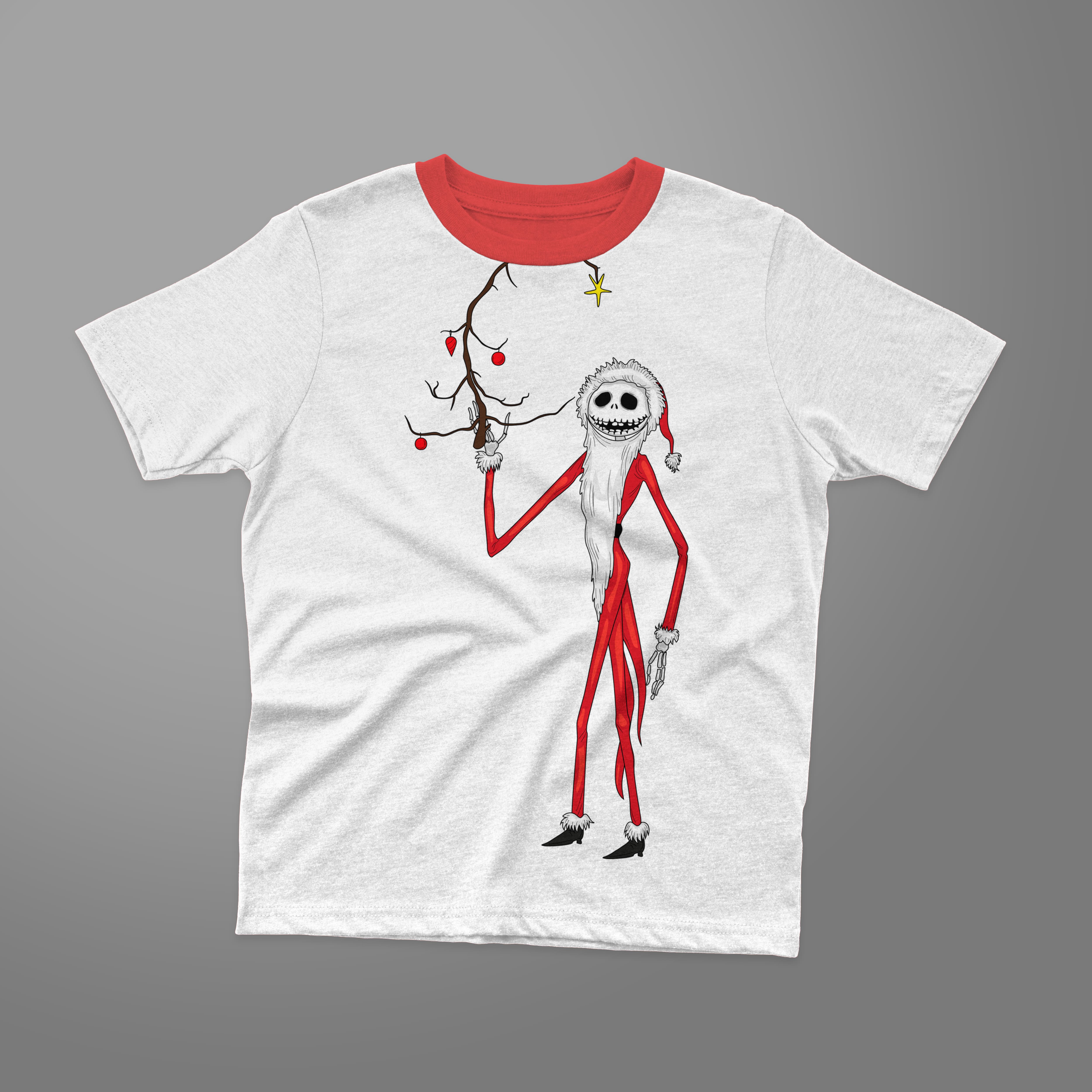 Minimalist white t-shirt with skellington christmas and red collar on a gray background.