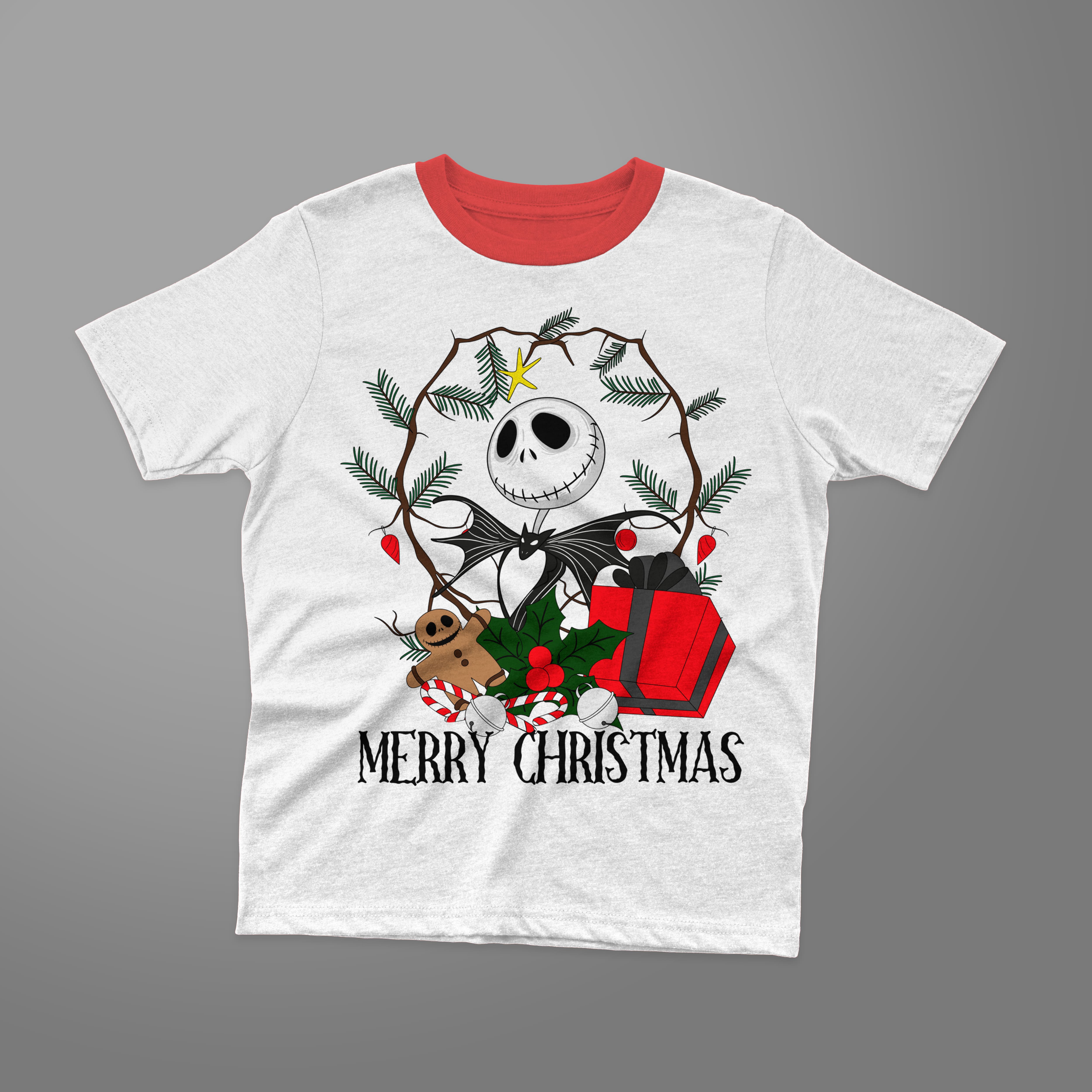 Black lettering "Merry christmas" and skellington illustration on white t-shirt.