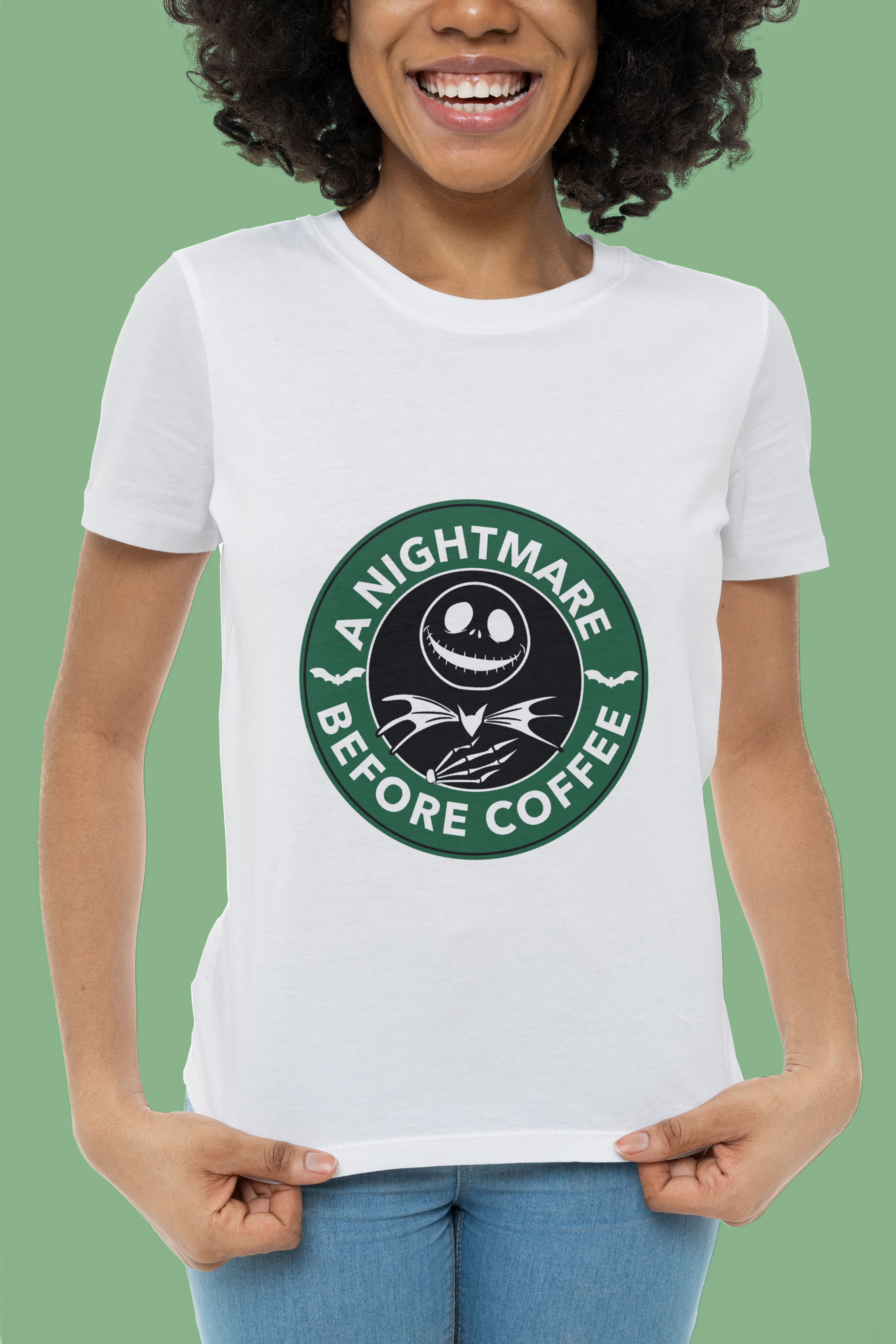 Round illustration with white lettering "A nightmare before coffee" and illustration of a skellington on white t-shirt on a girl.