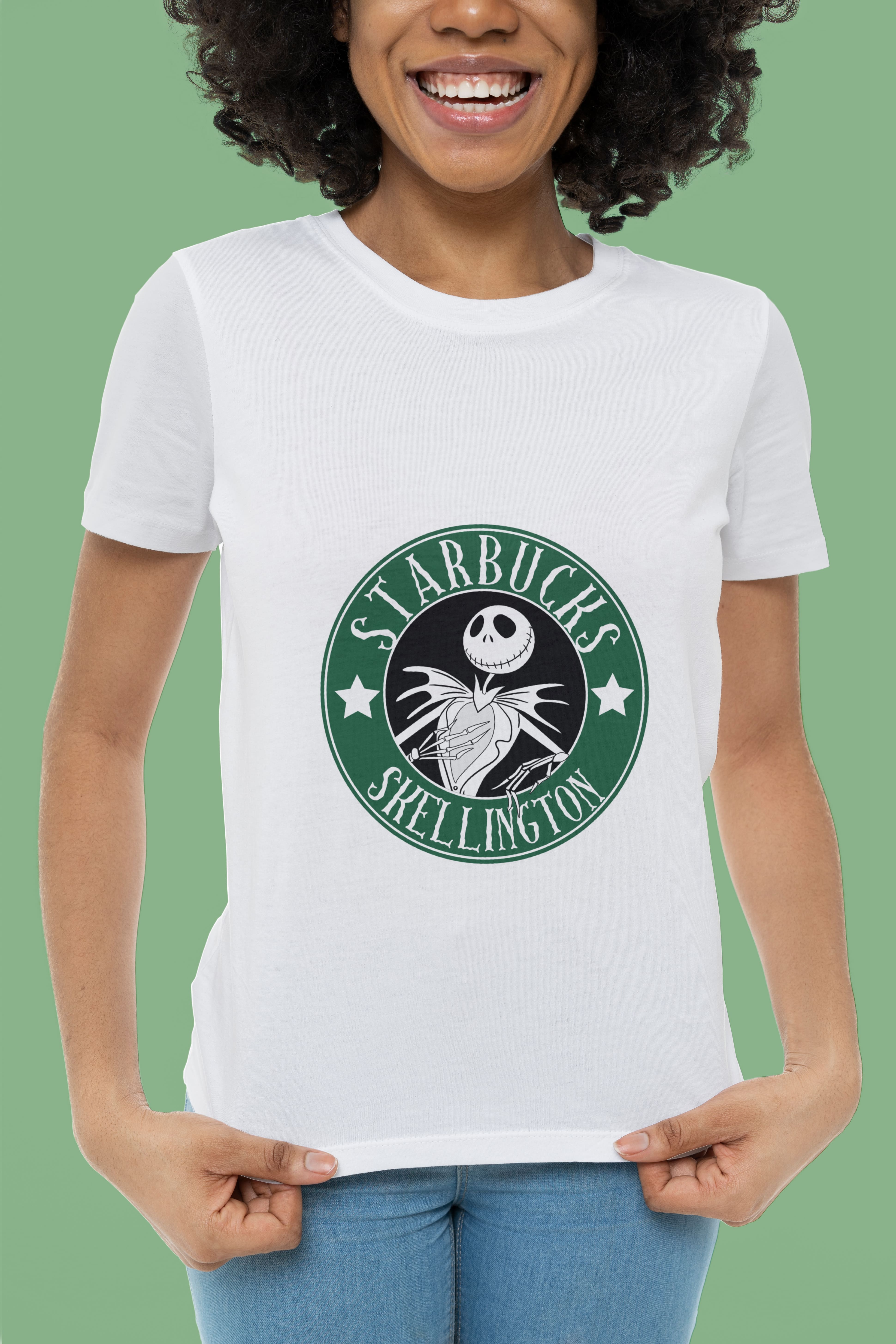 Illustration of a starbucks skellington in green round shape on the white t-shirt.