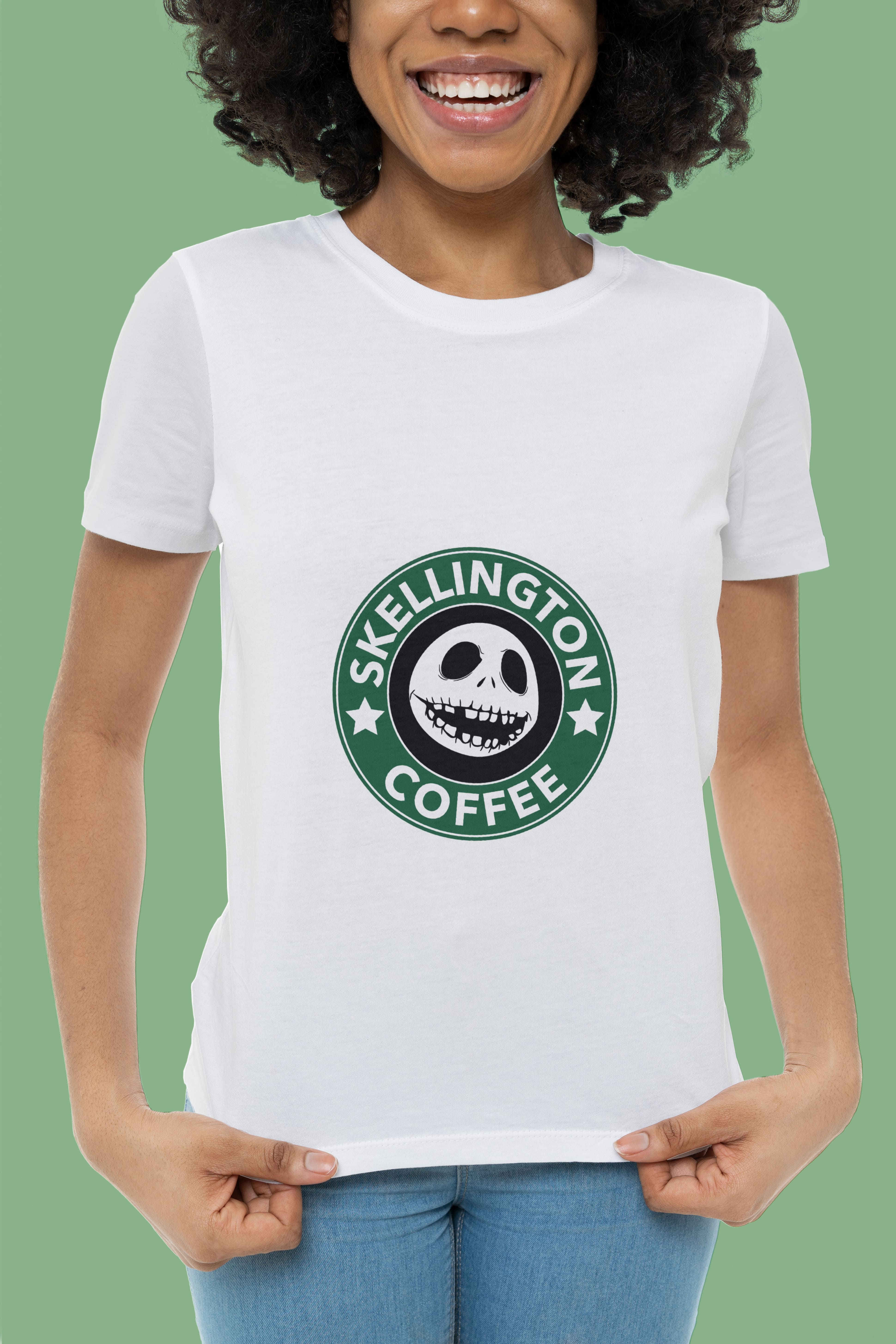 White t-shirt with green-black round illustration with skellington on a girl.