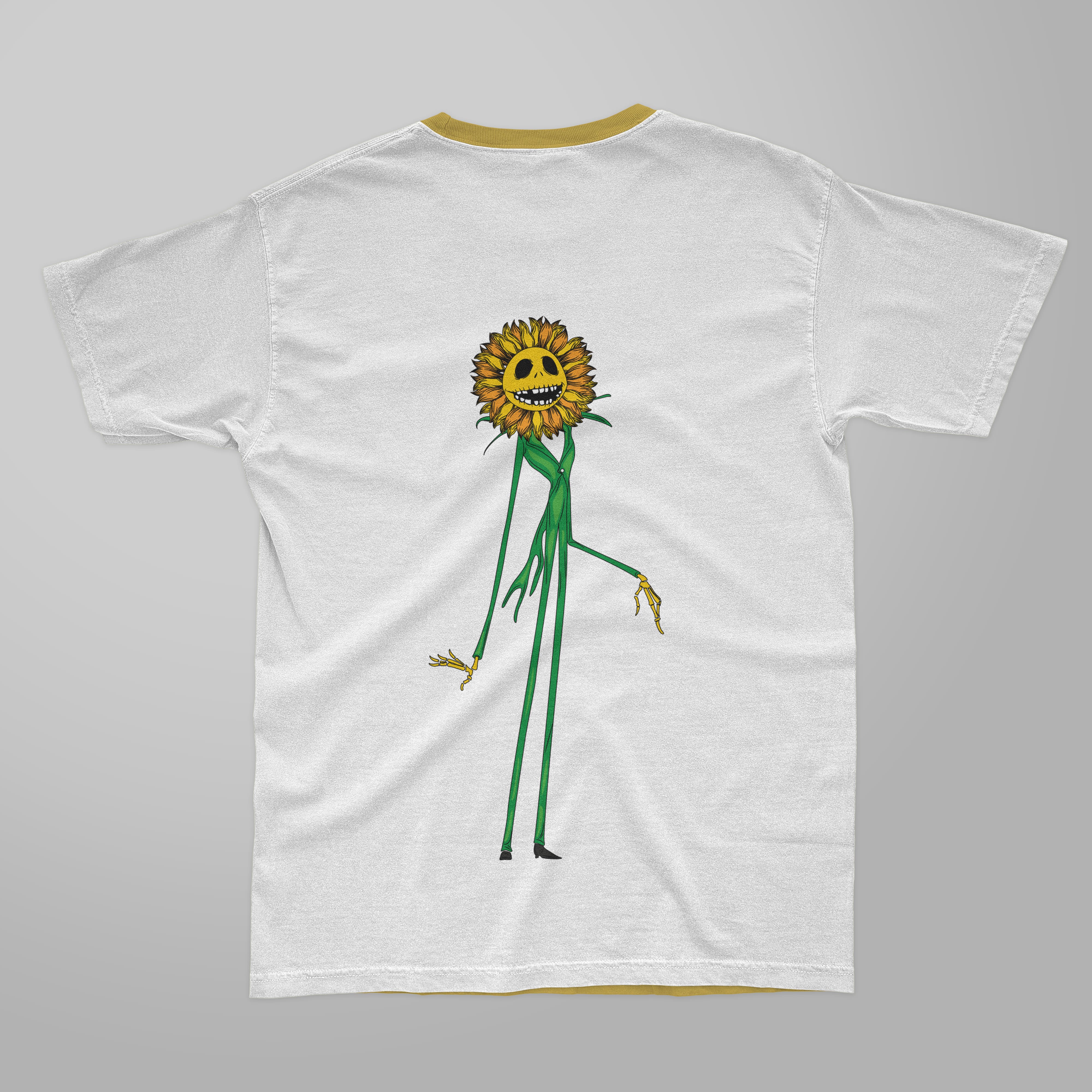 White t-shirt with yellow collar and jack skellington sunflower.