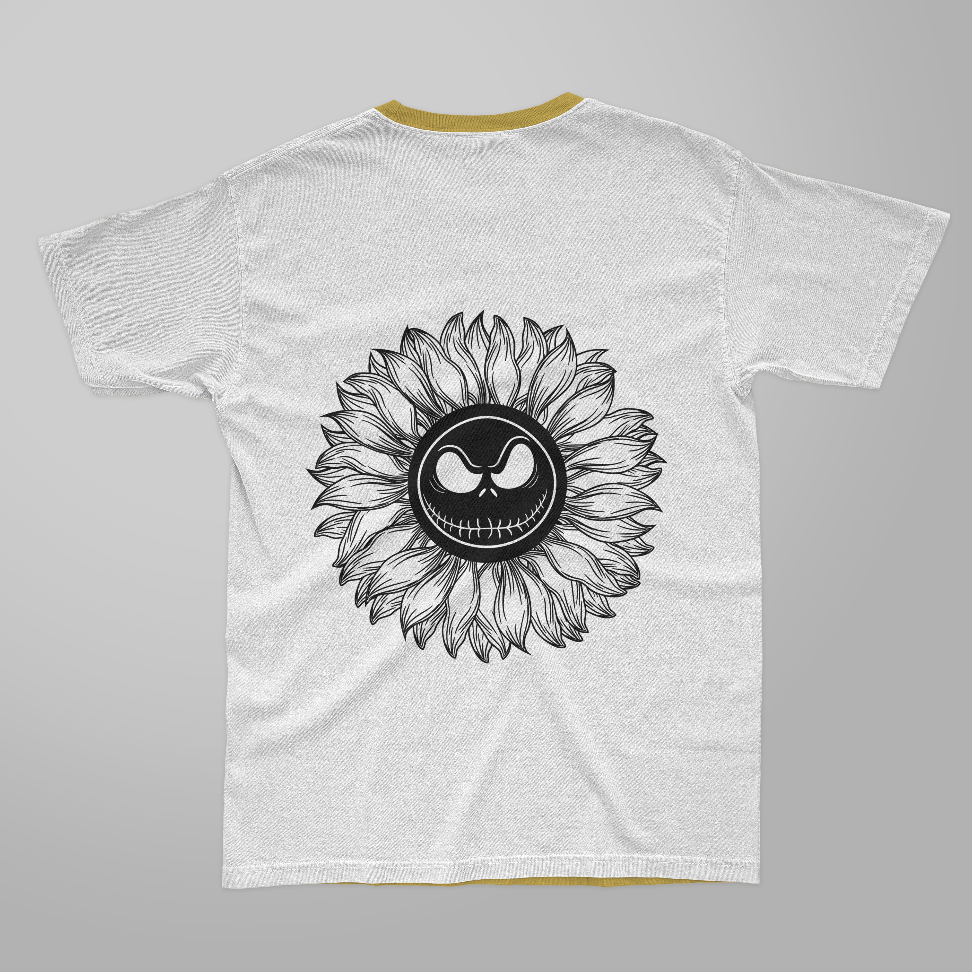 Black illustration of jack skellington sunflower on the white t-shirt with yellow collar.