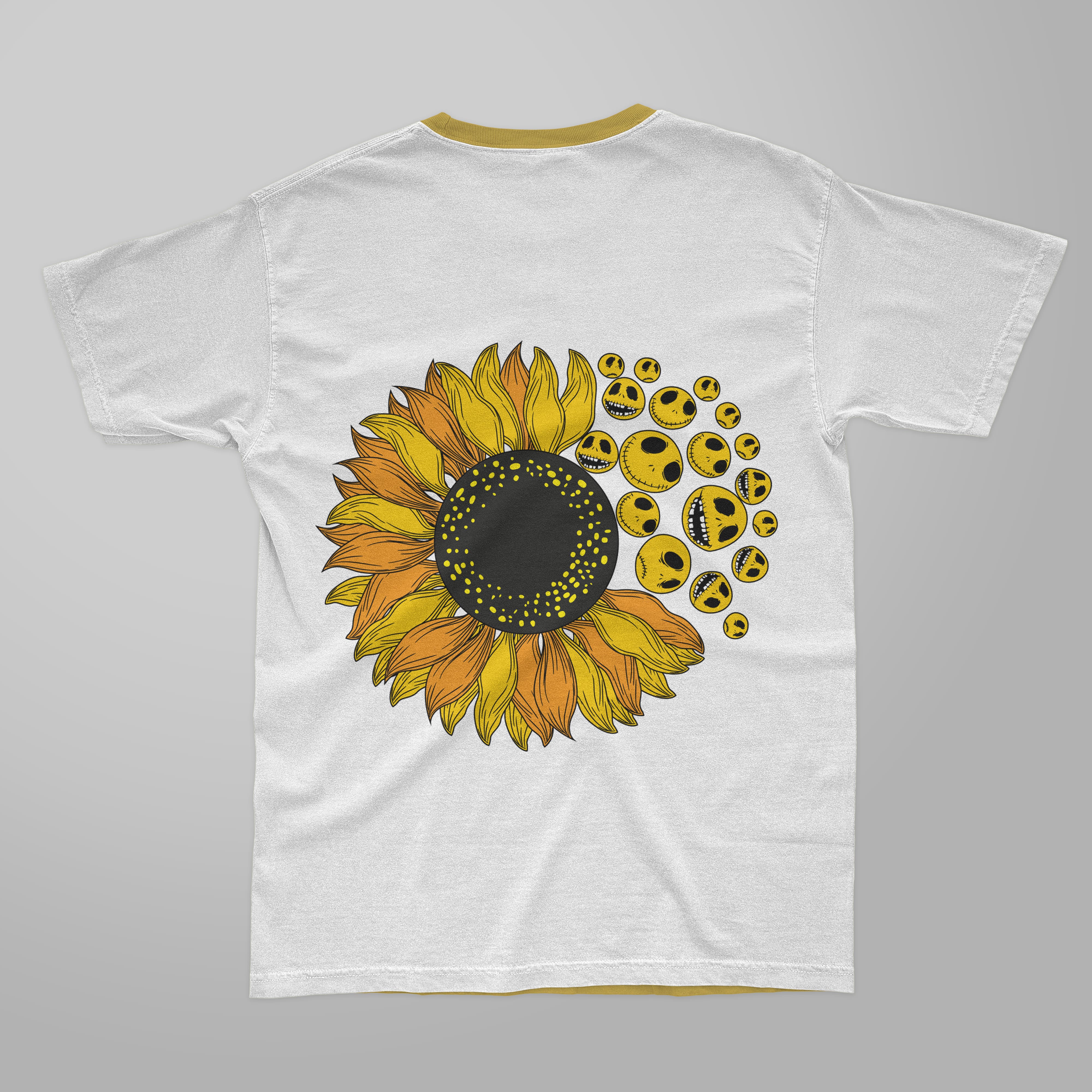 Jack skellington sunflower design t-shirt with yellow collar.