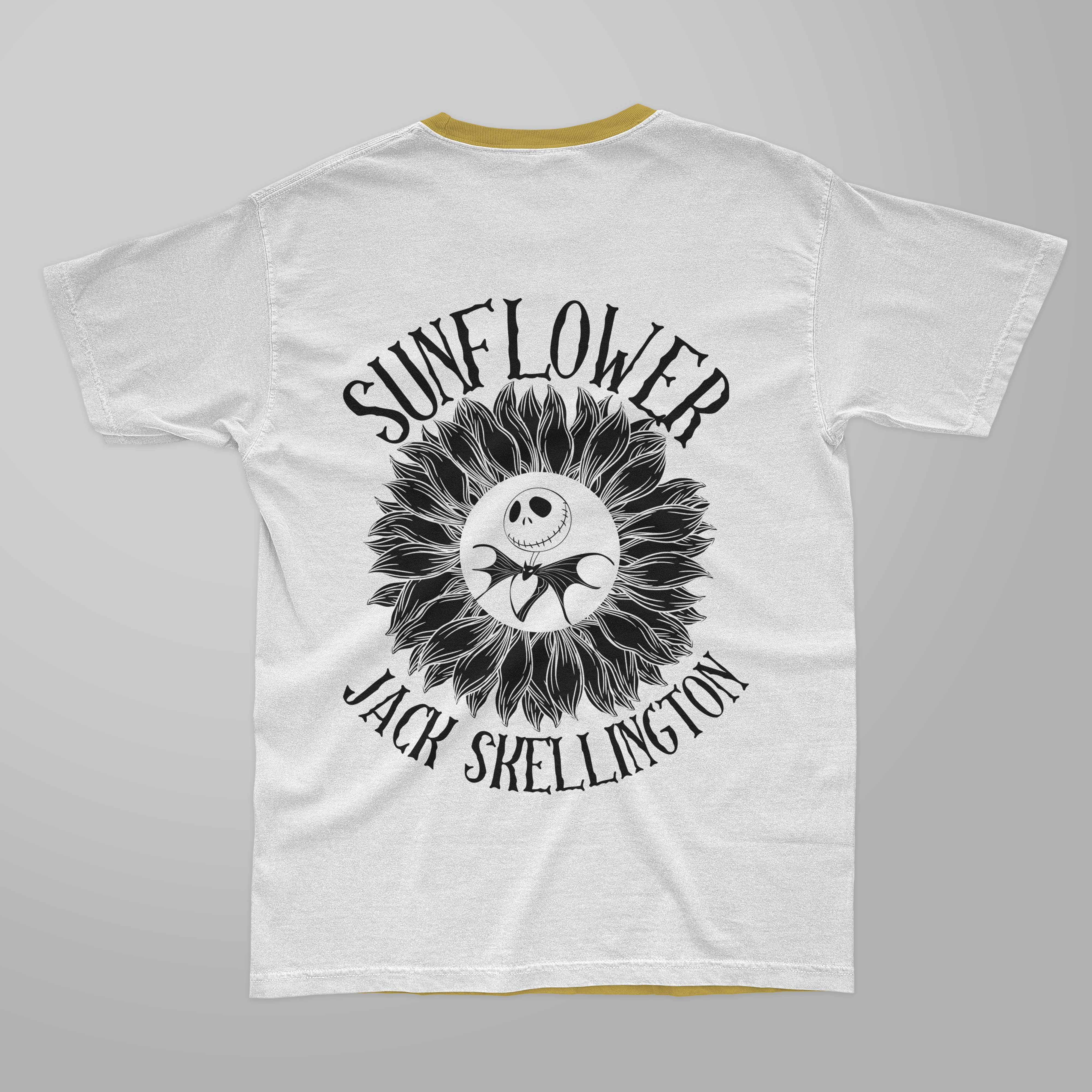 Black lettering "Sunflower Jack Skellington" and black illustration on white t-shirt.