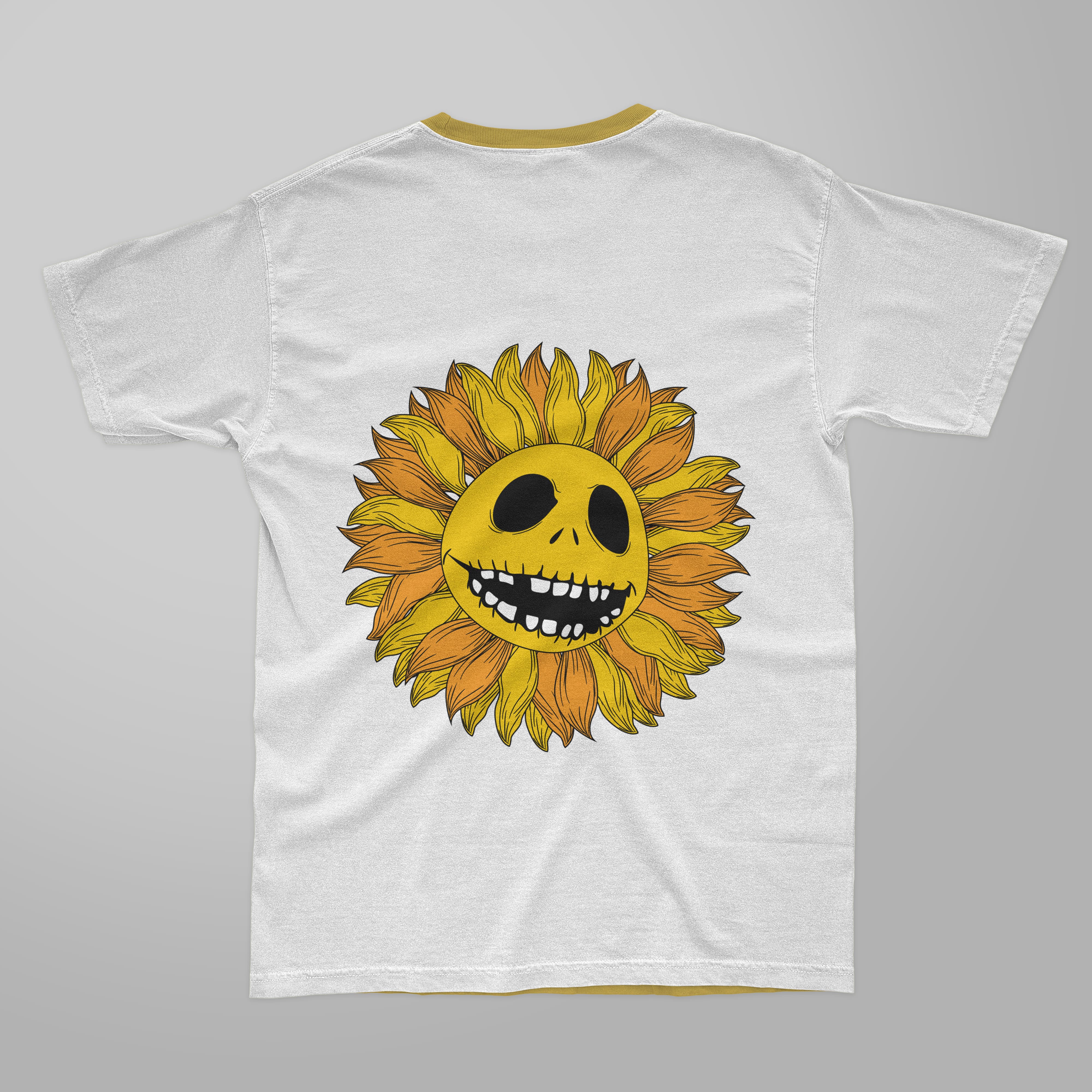 White t-shirt with yellow collar and color illustration of sunflower skellington.