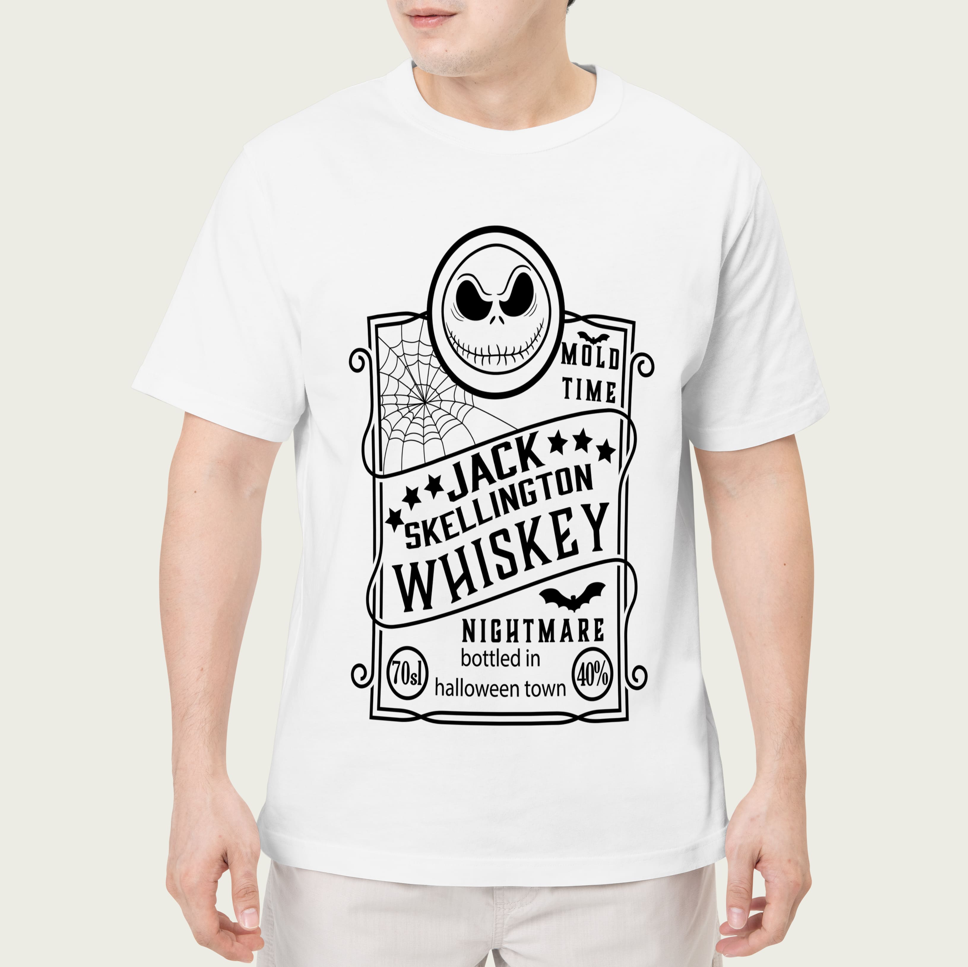 White t-shirt with jack skellington whiskey on a man.