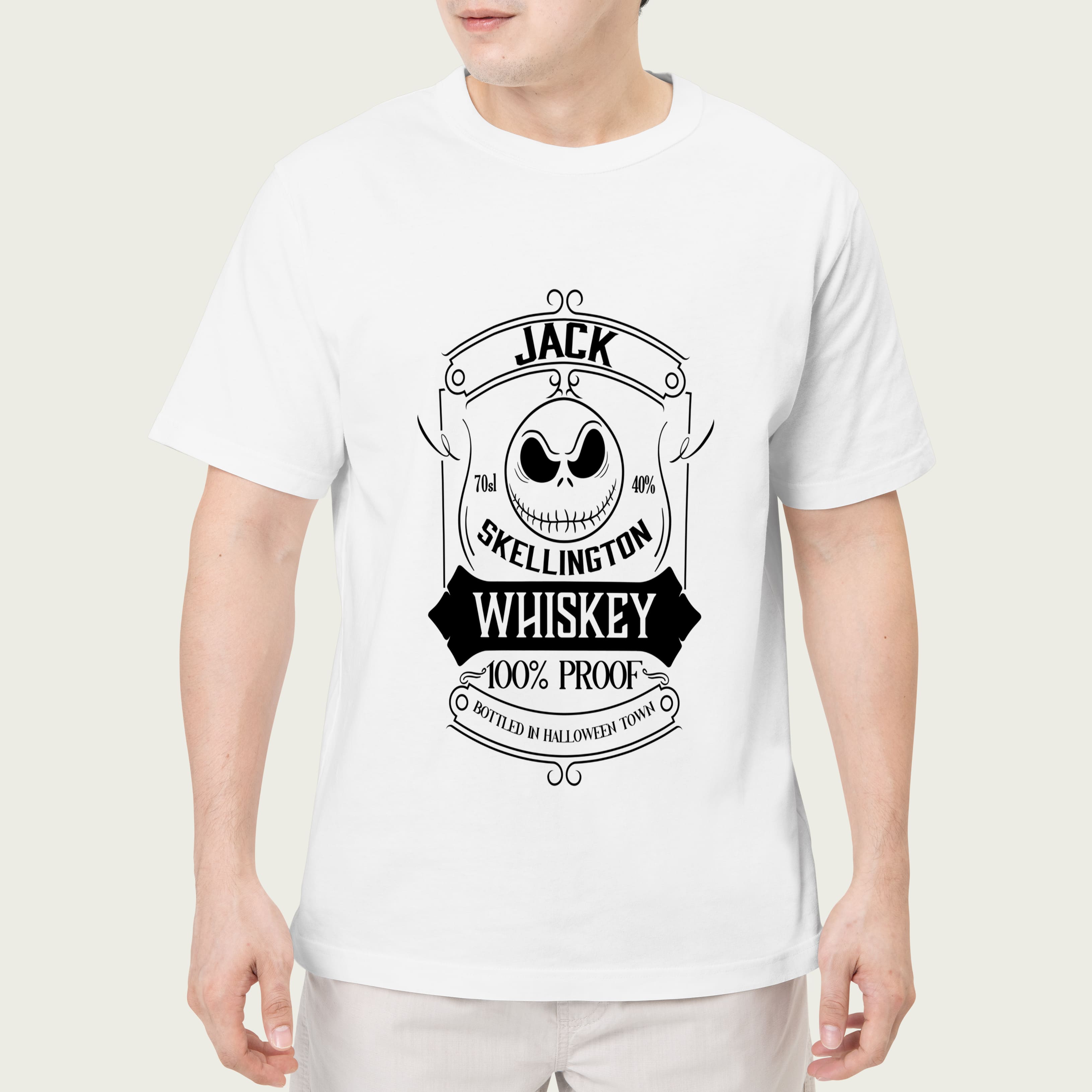 Man in white t-shirt with black illustration of jack skellington whiskey.