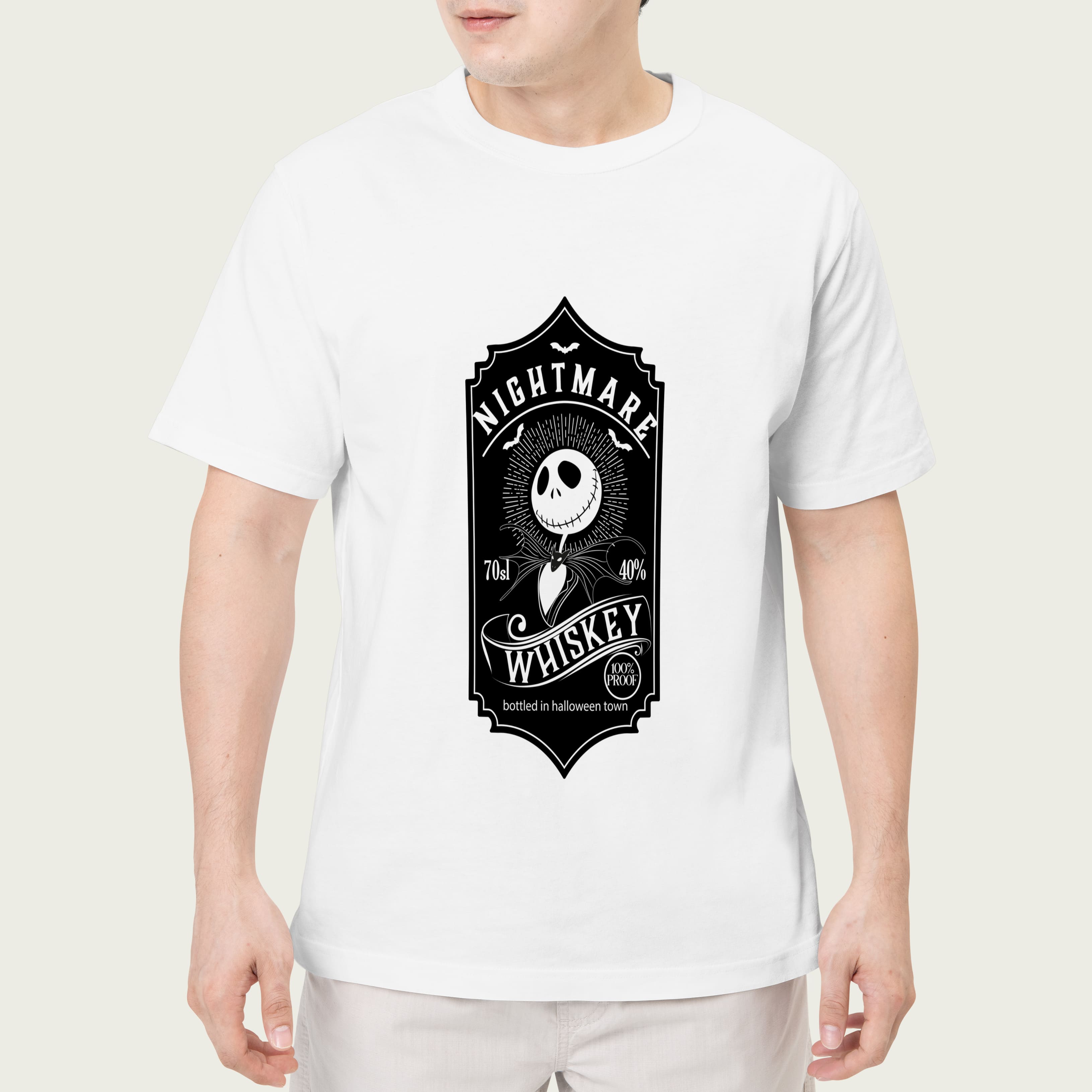 Black and white illustration of jack skellington whiskey on the white t-shirt.