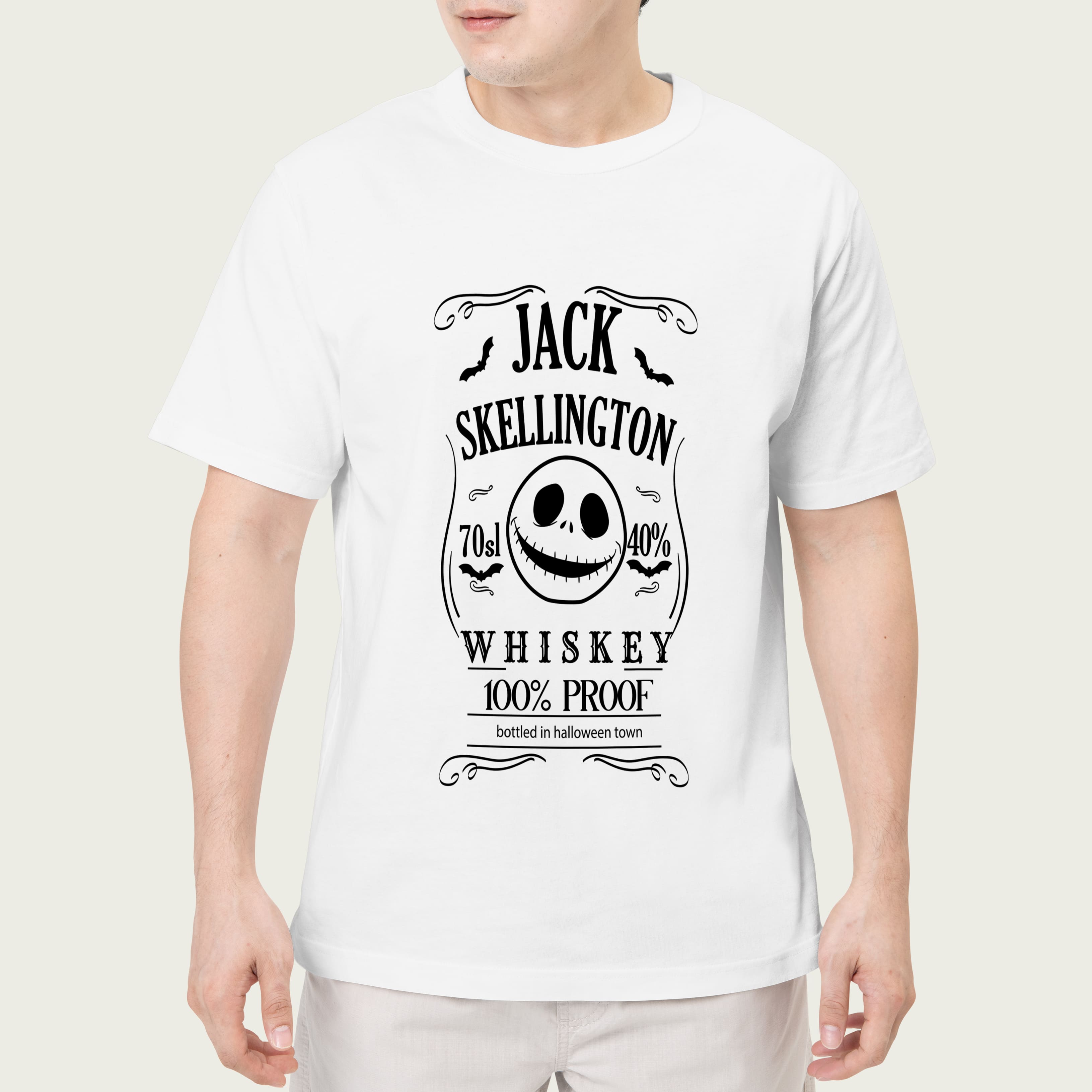 White t-shirt with black illustration of skellington whiskey.