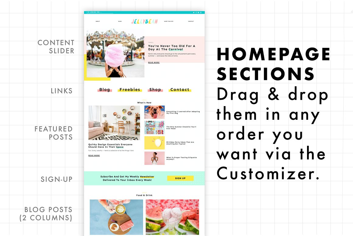 Preview of homepage sections - content slider, links, featured posts, sign-up and blog posts (2 columns).