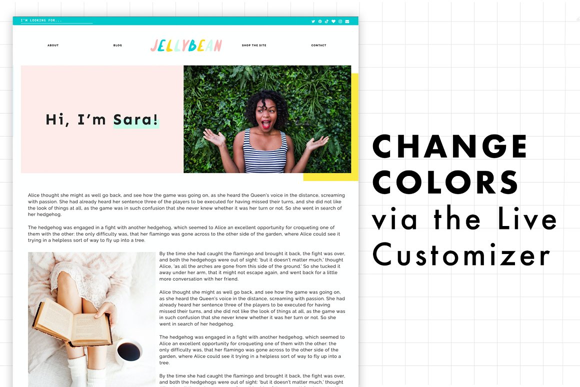 Black lettering "Change colors" and example of website "JellyBean".