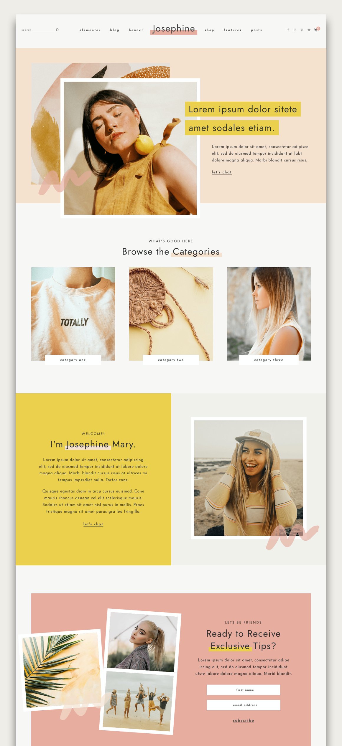 Homepage of josephine feminine WordPress theme.