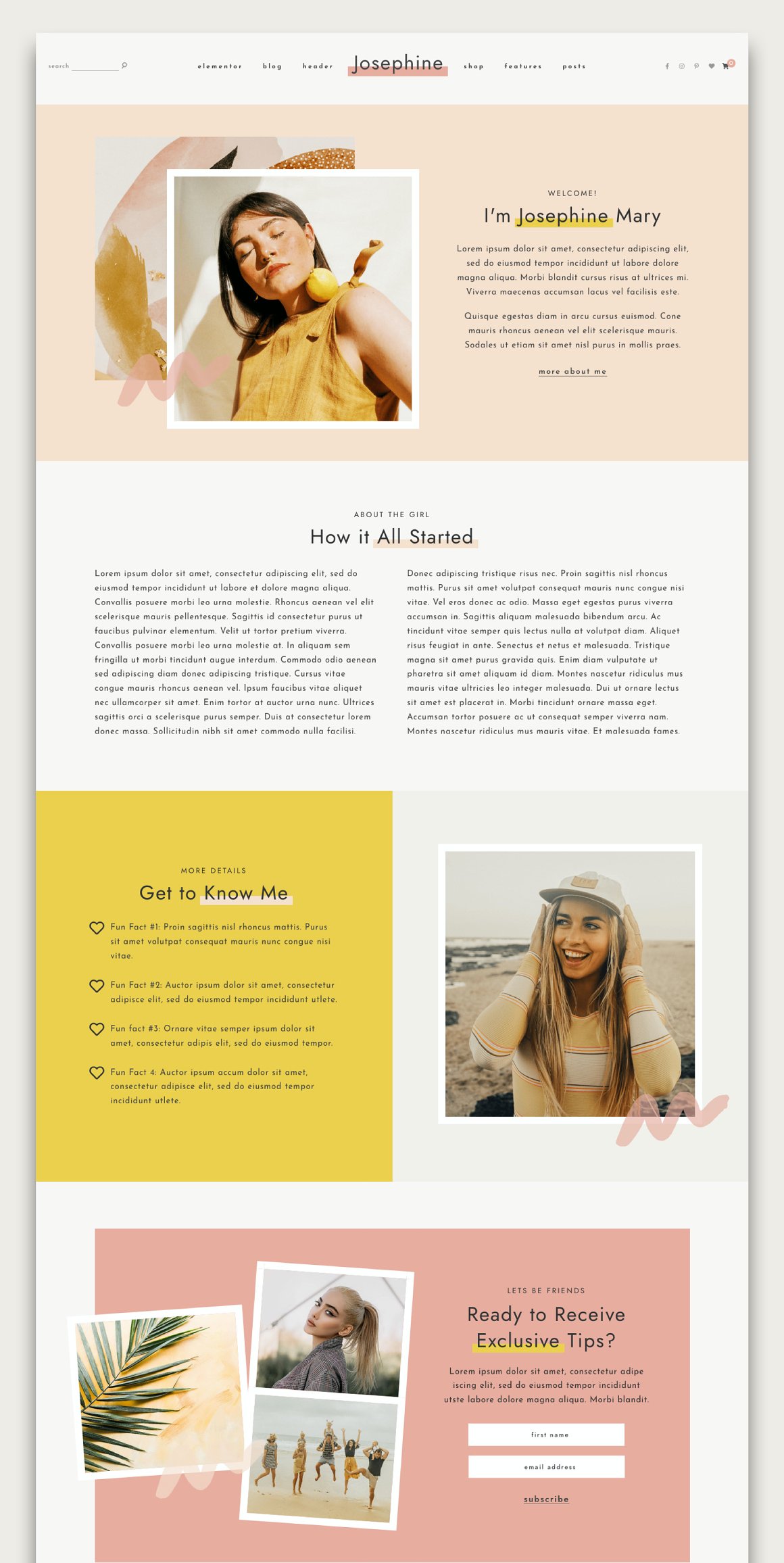 4 pages of josephine feminine WordPress theme with text sections and photos.