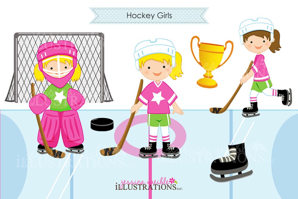 Black lettering "Hockey Girls" and 3 illustrations of hockey girls.