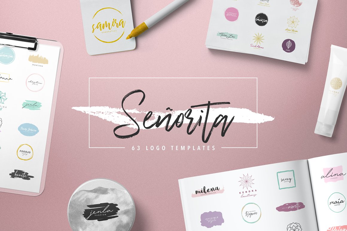 Black lettering "Senorita" on a white brush and different logos on different elements on a pink background.