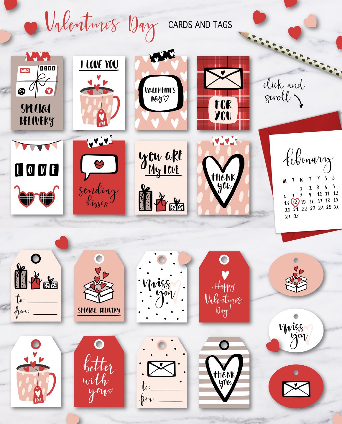 A red, pink and black set of 8 cards and 8 tags on a Valentine's Day theme on a gray background.