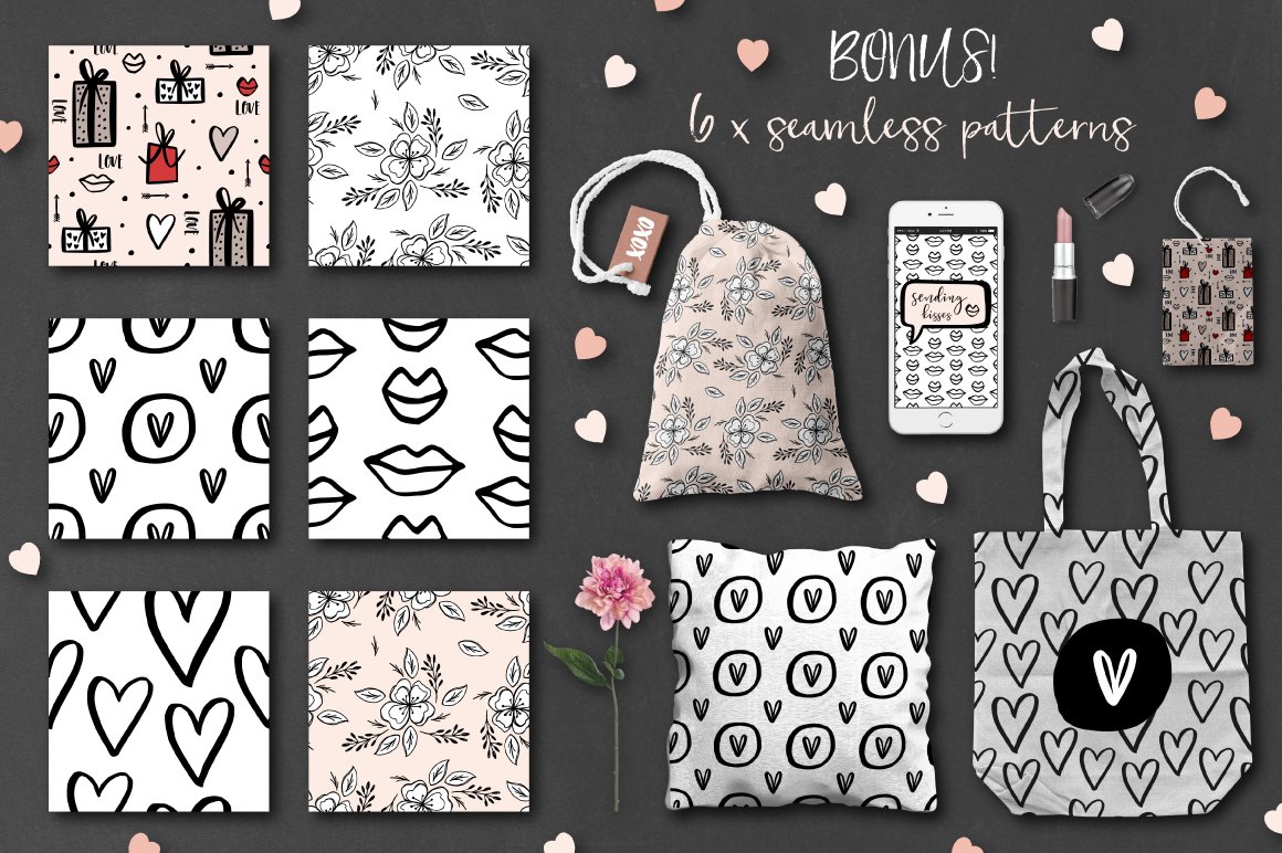 A set of 6 different seamless patterns, bag, iphone with image, lipstick, white pillow and shopping bag with illustrations of hearts and lips on a dark gray background.