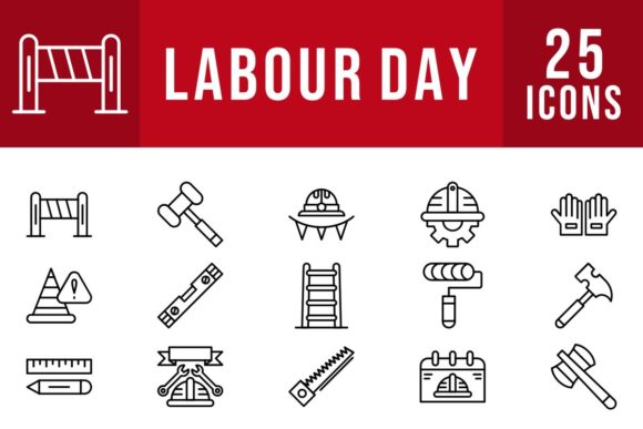 White lettering "Labour Day" on a red background and 15 black icons on a white background.