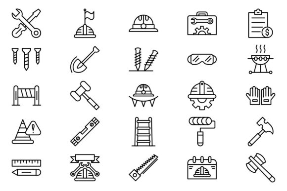A set of 25 different black icons on a white background.