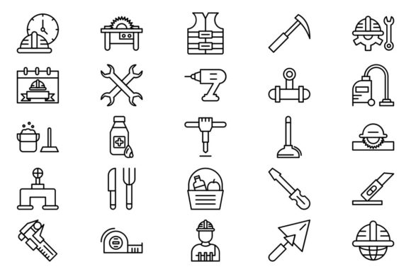 A set of 25 different black icons on a white background.