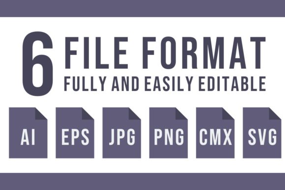 6 file icons and blue lettering "6 File Format Fully And Easily Editable" on a white background.