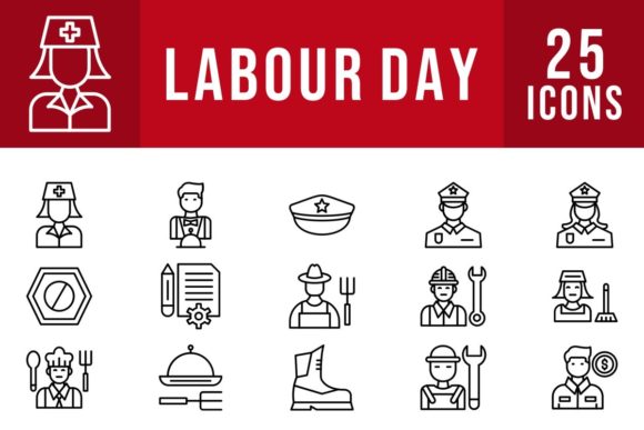 White lettering "Labour Day" on a red background and 15 black icons on a white background.