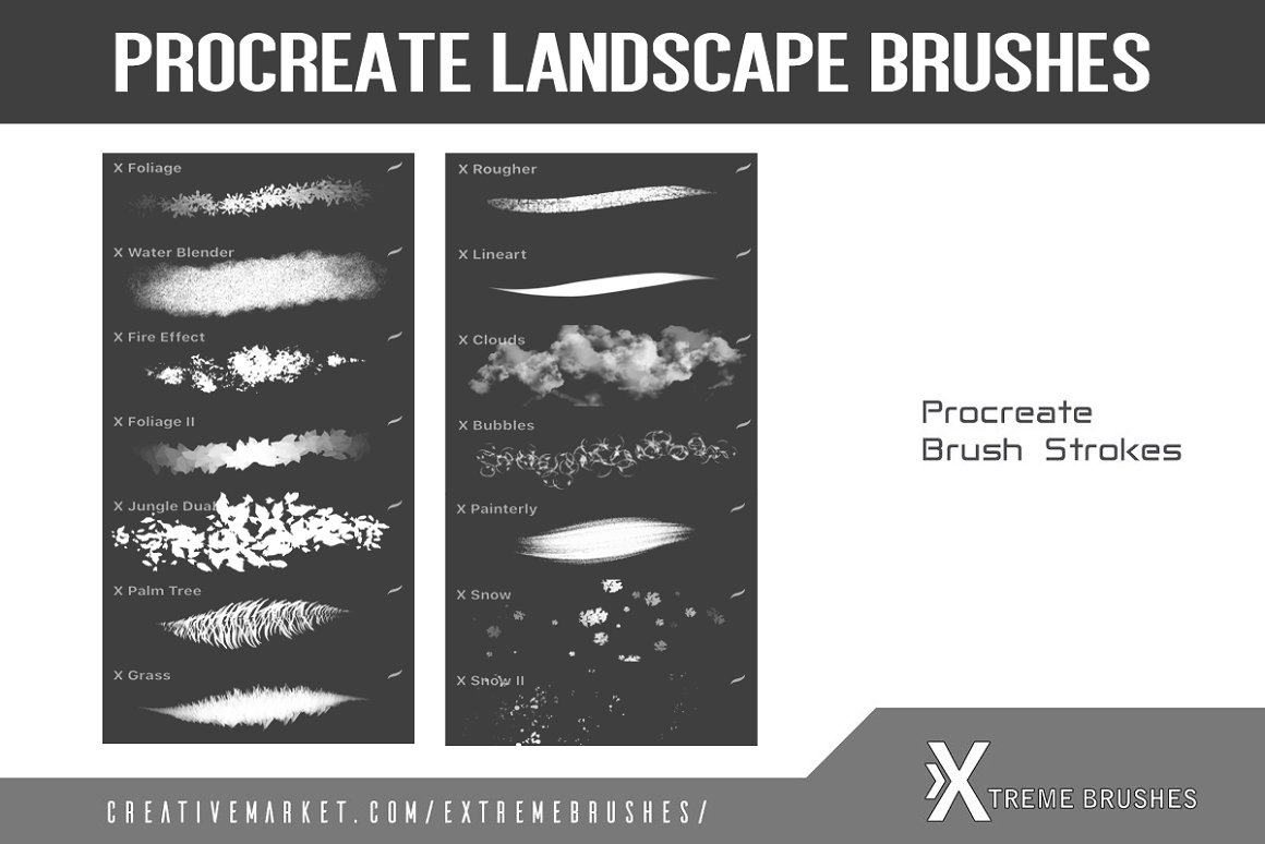 A set of 14 different white and gray procreate landscape brushes on a white and black background.