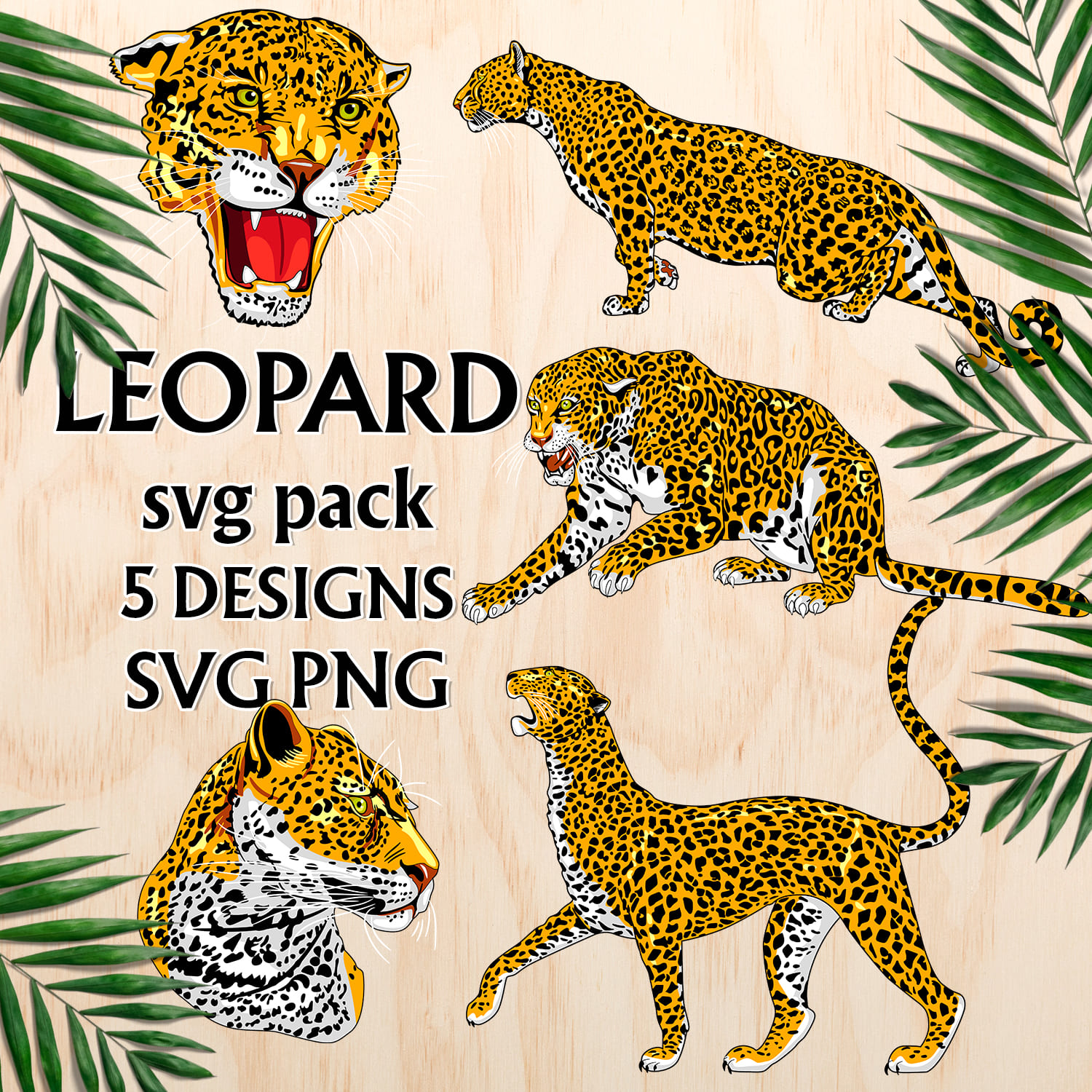 Picture of leopards and leopards on a wooden background.