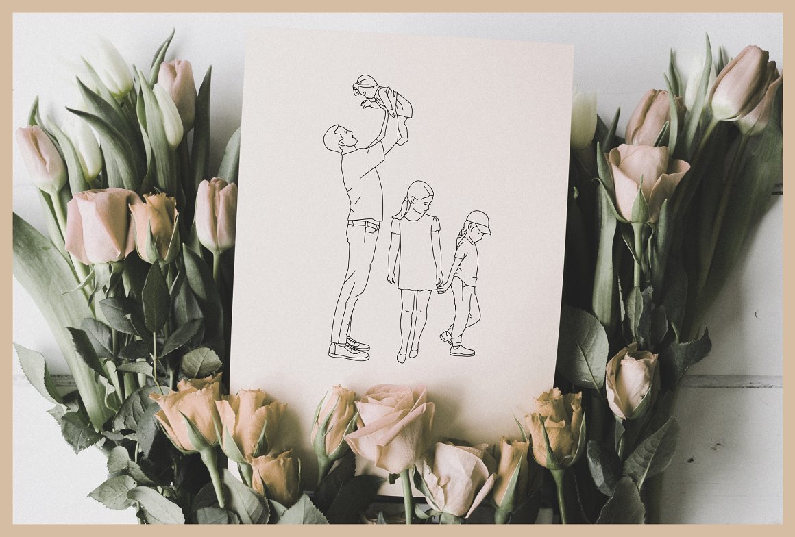 White sheet with black family line art drawing.