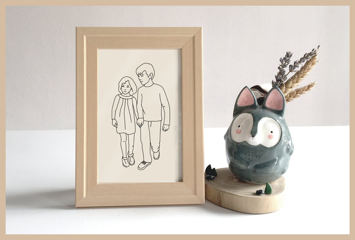 Line art painting of brother and sister in beige frame.