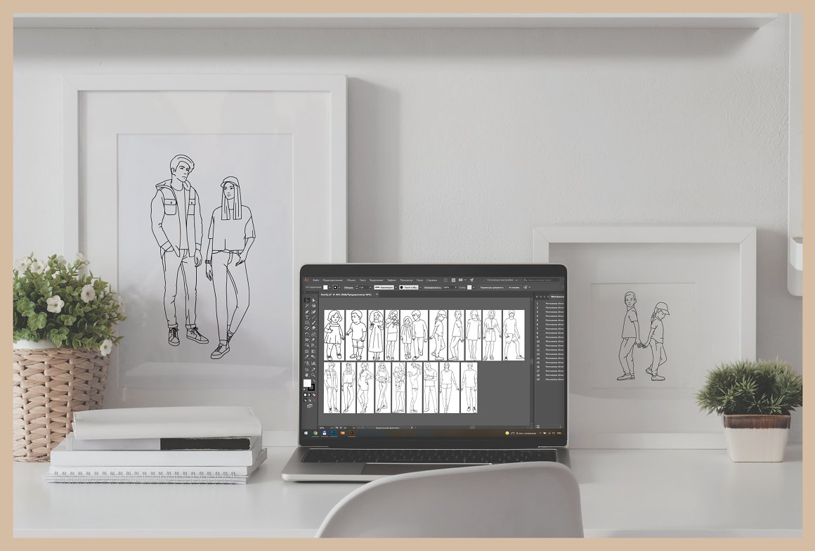 Mockup of macbook with different line art illustrations of family.