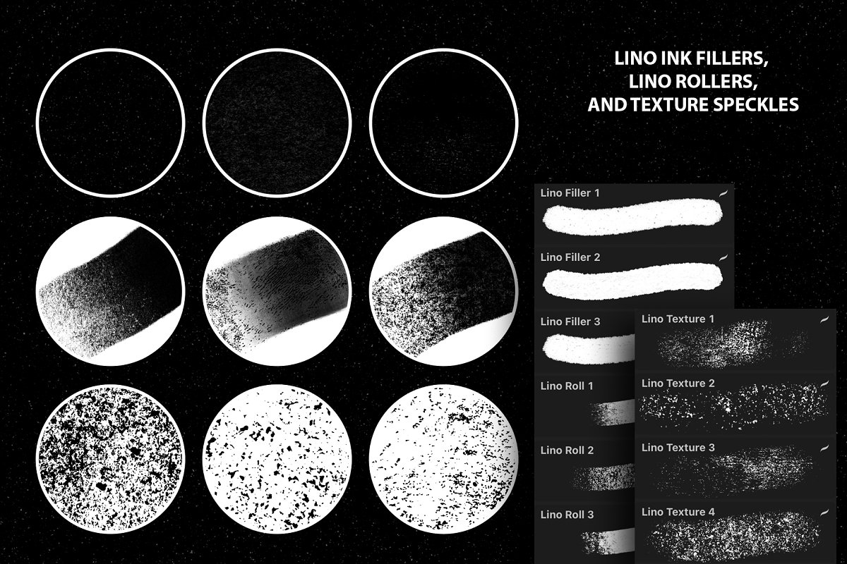 Big diversity of Lino ink fillers, Lino rollers and texture speckles.