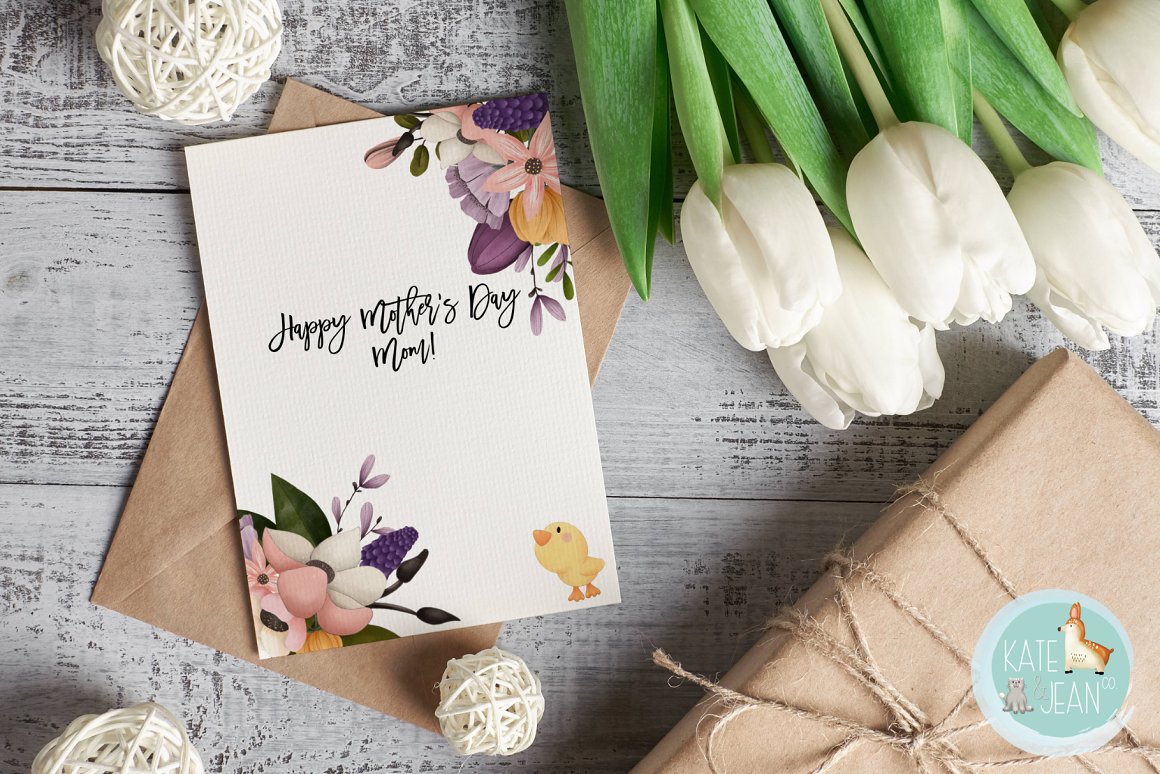 White greeting card with black lettering "Happy Mother's Day, Mom!" and different floral illustrations and chickens.