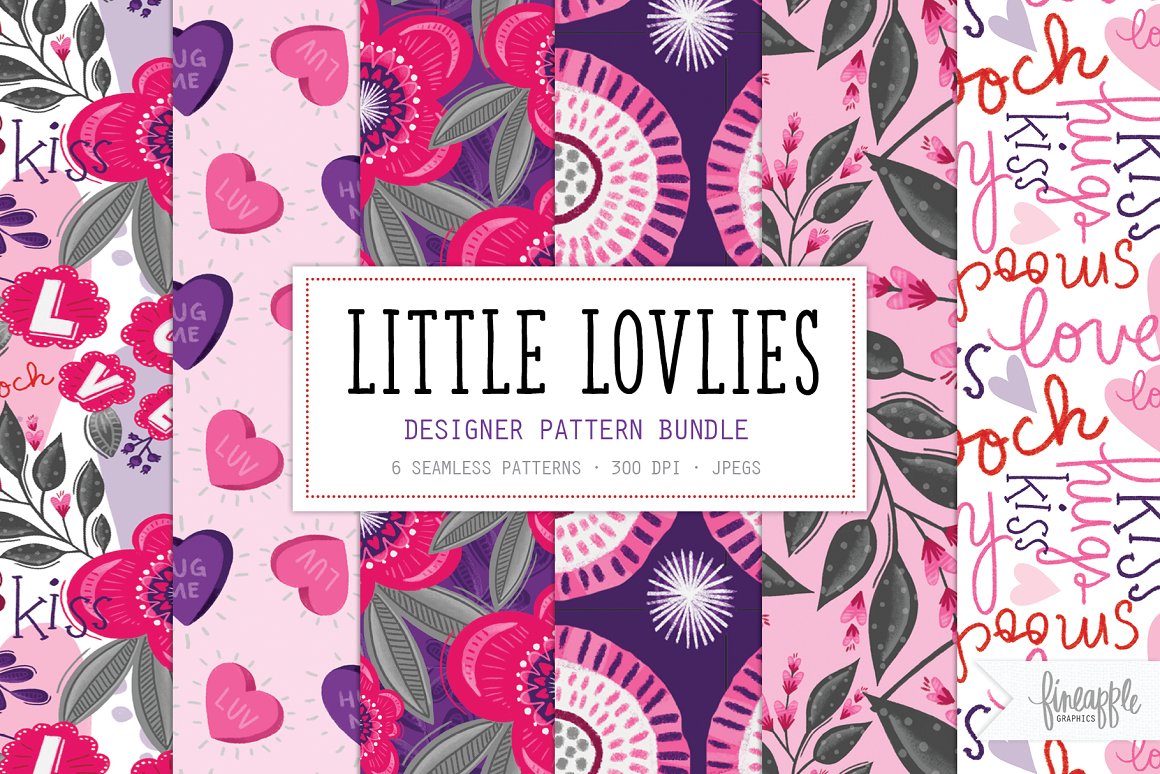 Black lettering "Little Lovlies" on a white background and 6 different seamless patterns.