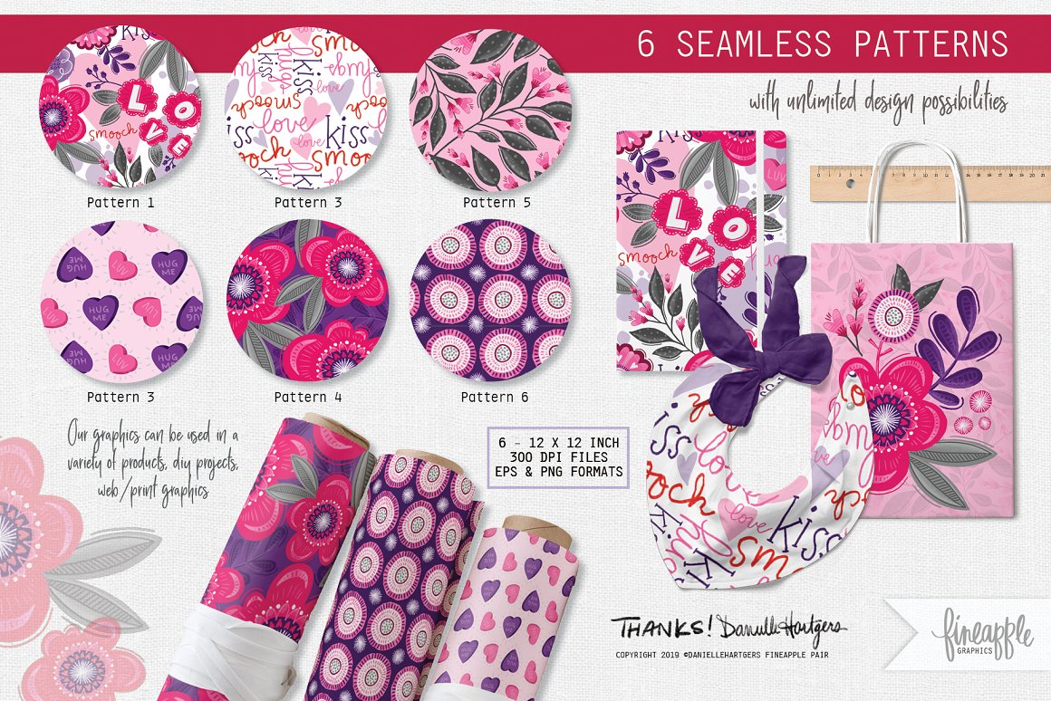 A set of 6 different seamless patterns on a gray background and white lettering "6 Seamless Patterns" on a pink background and 3 rolls of patterns, notebook and packaging.