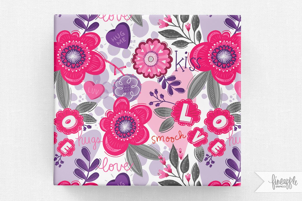 A colorful wrapping paper with lovelies pattern on a gray background.