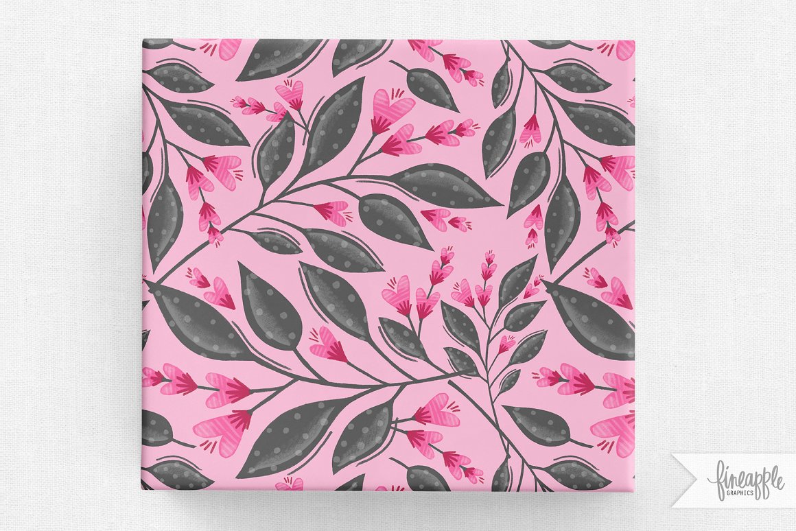 A pink and green wrapping paper with lovelies pattern - twigs with pink flowers on a gray background.