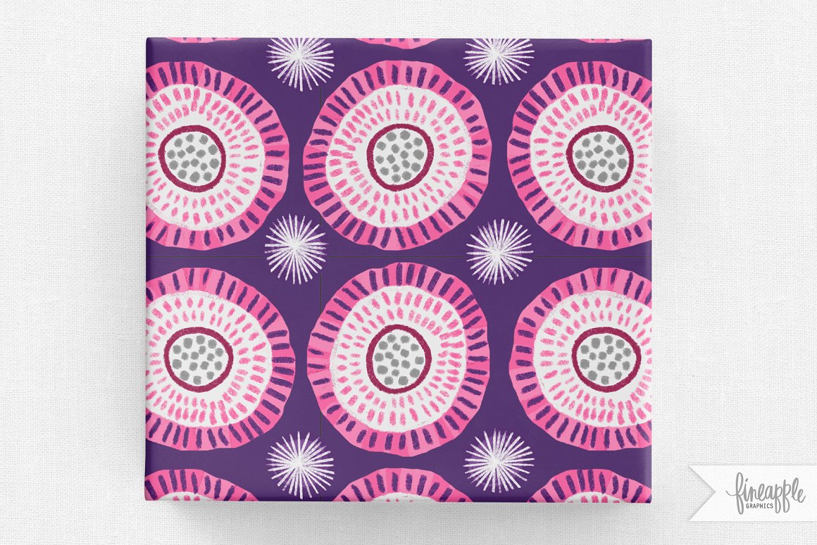 A purple and pink wrapping paper with lovelies pattern - hearts on a gray background.