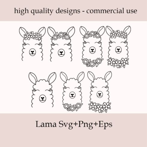 Llamas with flowers on their heads and the text high quality designs commercial use.